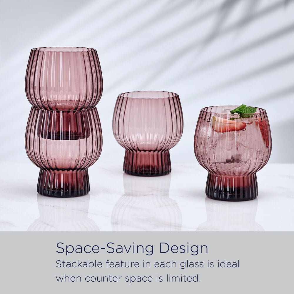 Phoebe Optic Lilac Set of 4 Double Old Fashioned Glasses - Vintage Inspired Cocktail Glasses for Whiskey, Bourbon & Scotch - Perfect for Home Bars, Parties & Gifts