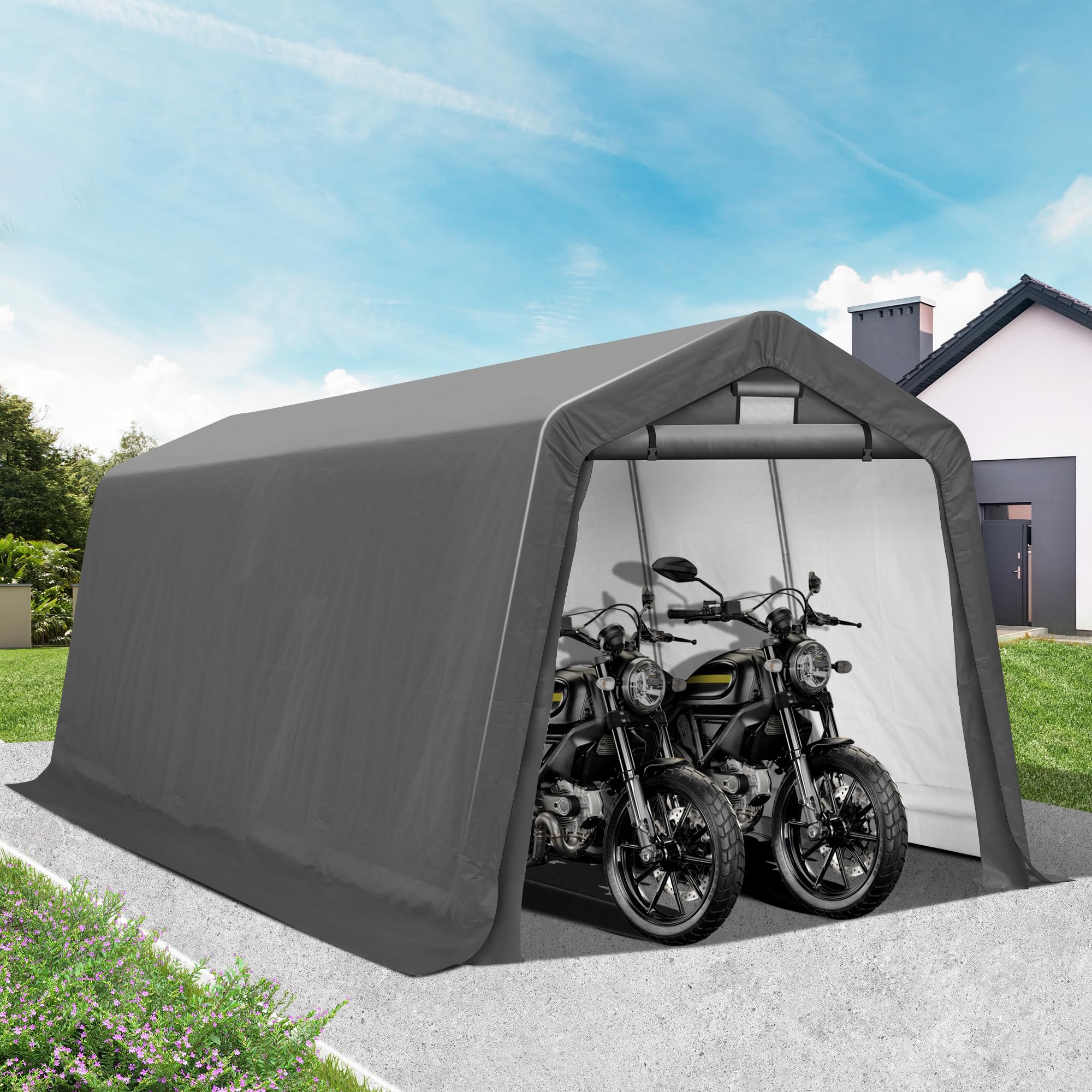 8' x 14' Heavy Duty Outdoor Storage Shelter Shed - Waterproof Portable Garage with Roll-up Ventilated Windows for Bike, ATV, Motorcycle, Lawn Equipment - Perfect for Backyard, Patio, and Driveway Storage (Gray)