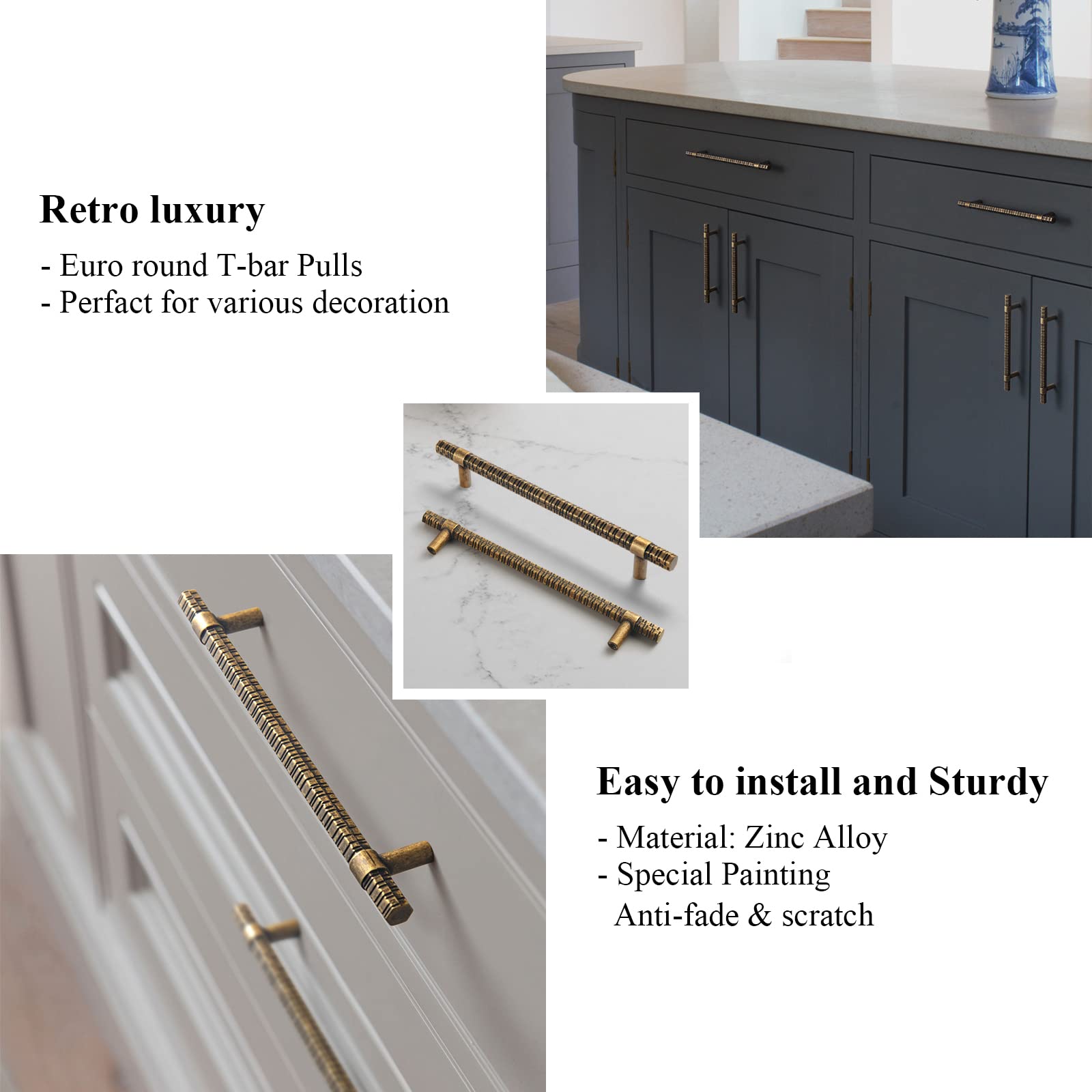 Vintage Brass T-Bar Cabinet Pulls - 6 Pack Zinc Alloy Knurled Handles (7.56
