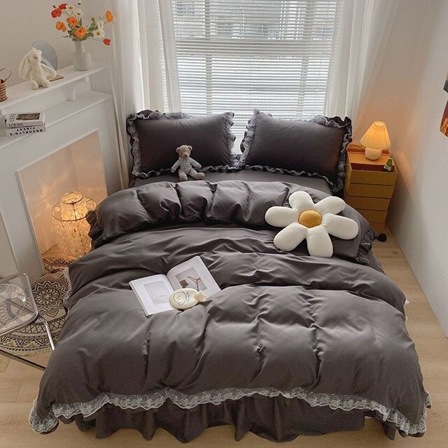 Elegant Ruffle Lace Bedding Set - Queen Size 4-Piece Luxury Bed Sheet Set with Floral Embroidery - Perfect for Master Bedroom, Guest Room & Romantic Home Decor