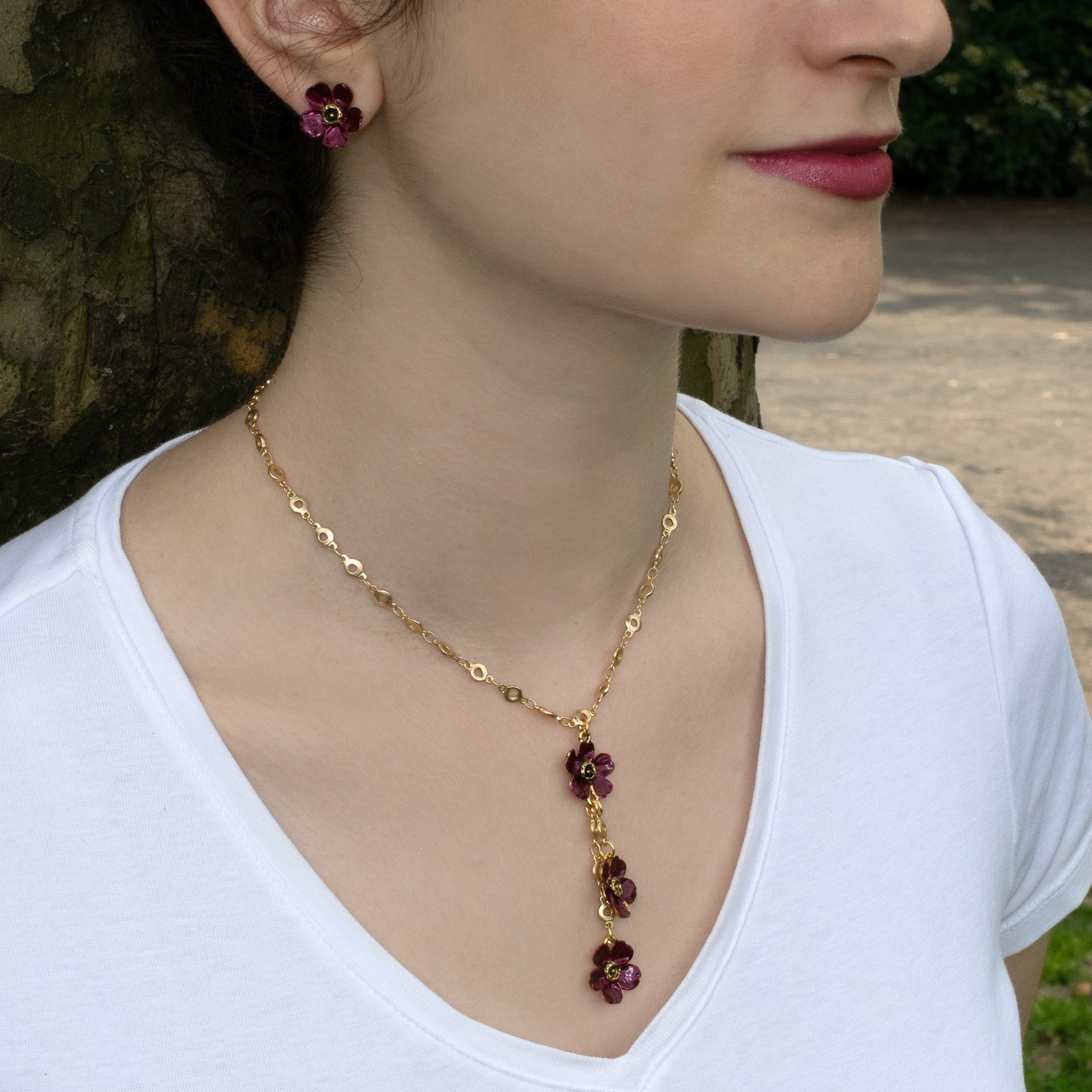 Elegant Purple Floral Choker Necklace for Women - Trendy Three Blossom Design, Adjustable Chain, Perfect for Parties, Weddings & Date Nights