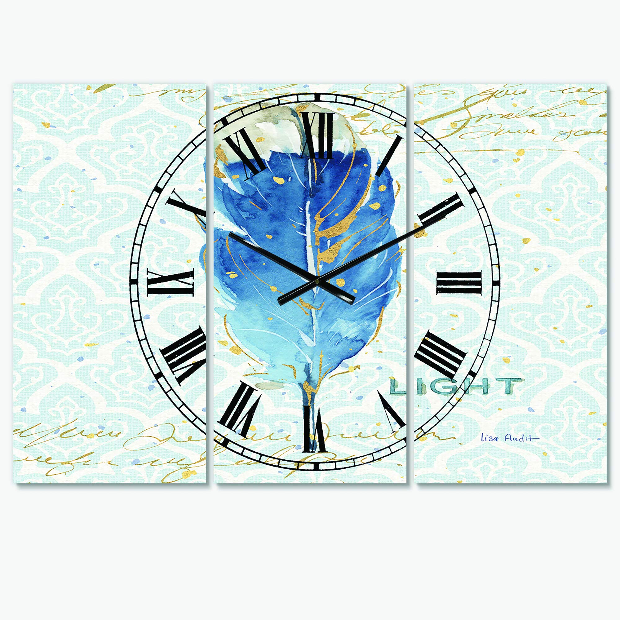 Designart Blue Damask Feather Wall Art - Farmhouse Style 3 Panel Decorative Metal Wall Clock for Home, Living Room, Bedroom & Office | Rustic Home Decor & Unique Wall Décor | Perfect for Farmhouse, Vintage & Modern Interiors
