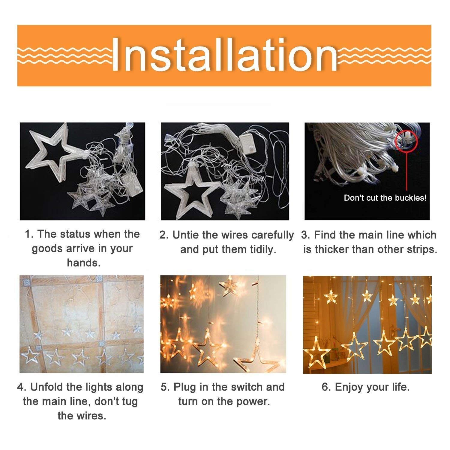 Quntis 138LEDs 12 Star Connectable Christmas Curtain Lights - 6.6ft LED String Lights with 8 Flashing Modes, Warm White Indoor/Outdoor Decorative Lighting for Bedroom, Window, Diwali, Christmas, Wedding, Party & Garden Decor