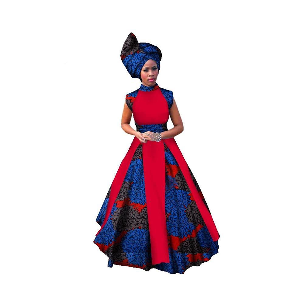 **African Print Women's Party Dress - Sleeveless Maxi Dress with Head Scarf - Plus Size Flowy Elegant Outfit for Weddings, Festivals & Special Occasions**