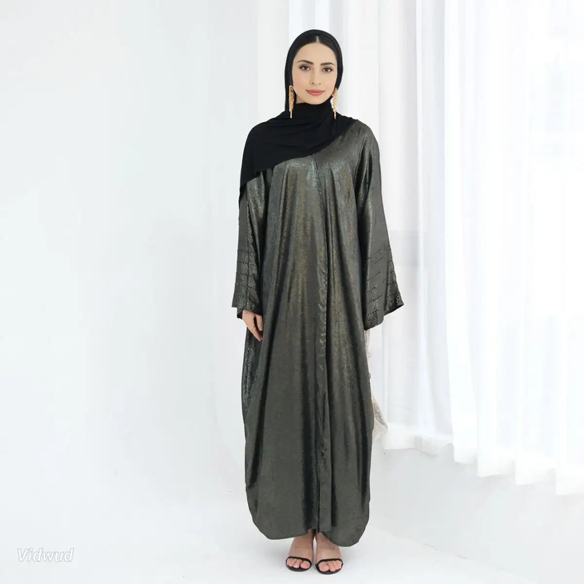 Shiny Beaded Cardigan Open Abaya Dress - Elegant Muslim Women's Cover-Up for Weddings, Parties & Special Occasions