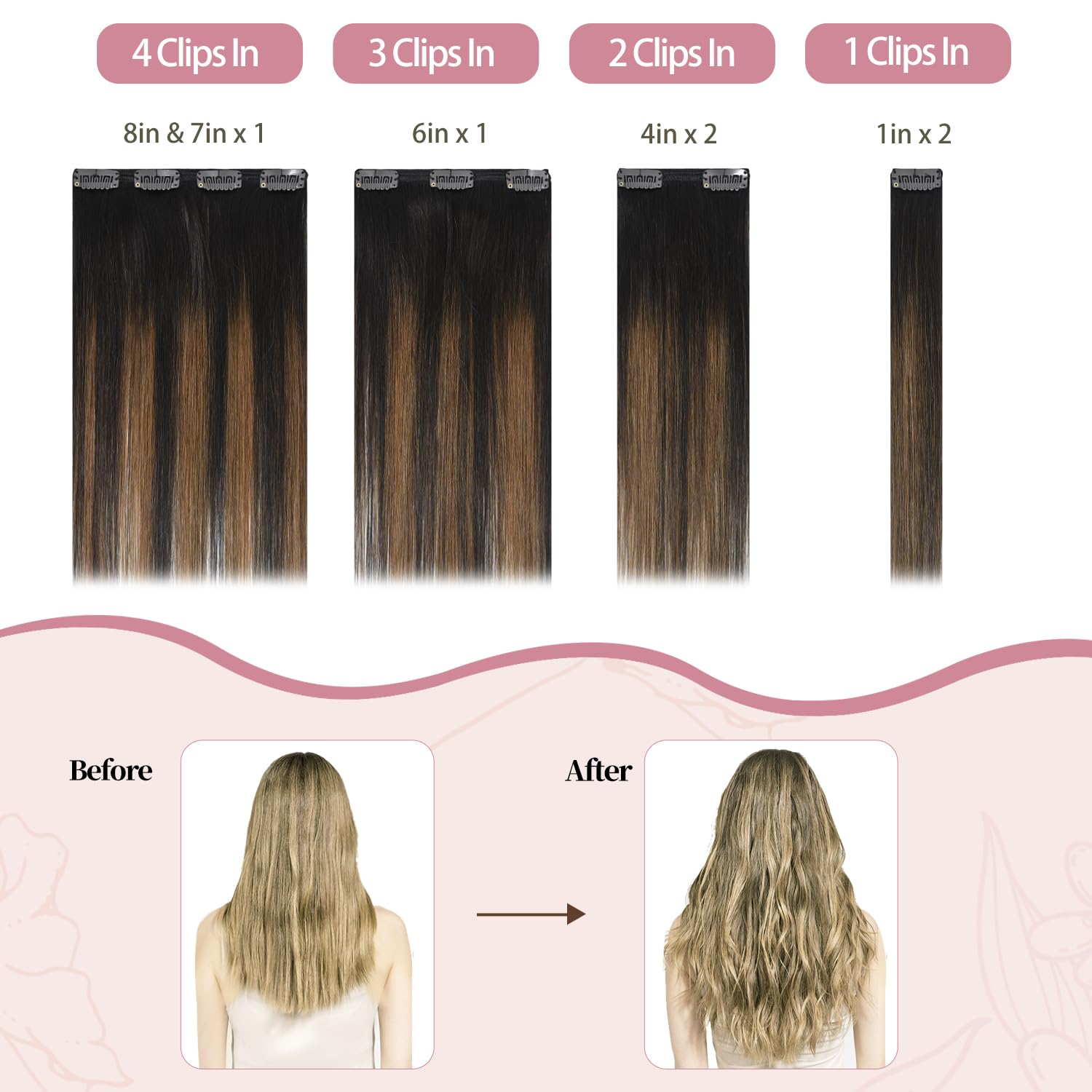 HUAYI Clip in Human Hair Extensions 22 Inch 7pcs - Ombre Dark Brown to Chestnut Brown Balayage Remy Hair (120g) for Volume & Length - Perfect for Parties, Weddings & Daily Styling #2/6/2
