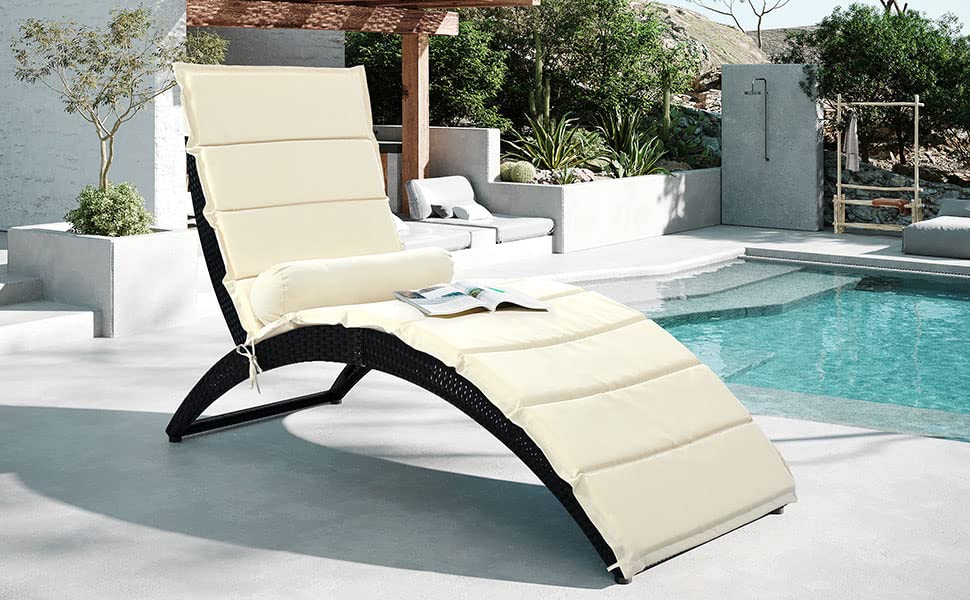 Foldable PE Rattan Sun Lounger Chair with Removable Cushion & Pillow - Outdoor Patio Furniture for Backyard, Garden, Poolside, Balcony - Wicker Chaise Lounge for Relaxing in Black & Beige