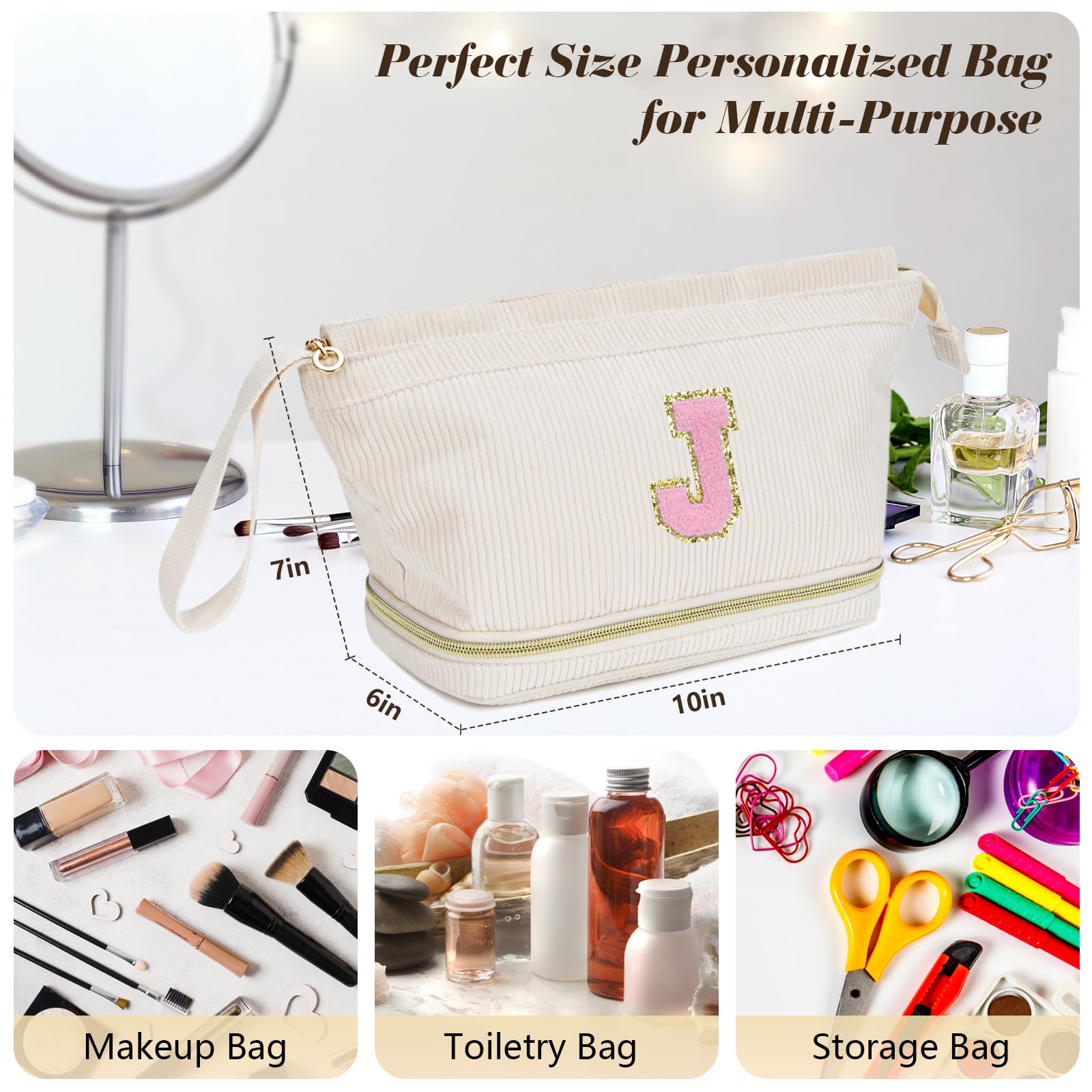Personalized Initial Makeup Bag for Women - Trendy Cosmetic Travel Bag for Girlfriend, Wife, Teacher | Cute Birthday Gifts for Girls, Teen Girls & 18th Birthday | Perfect for Travel, Daily Use & Preppy Style