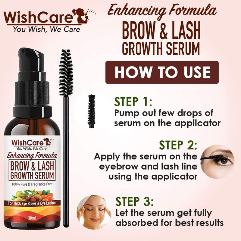 WishCare Brow & Lash Growth Serum with Castor Oil, Almond Oil & Vitamin E - 30ml Natural Eyebrow & Eyelash Enhancer for Thicker, Fuller Lashes & Brows - Perfect for Nighttime Beauty Routine & Daily Use