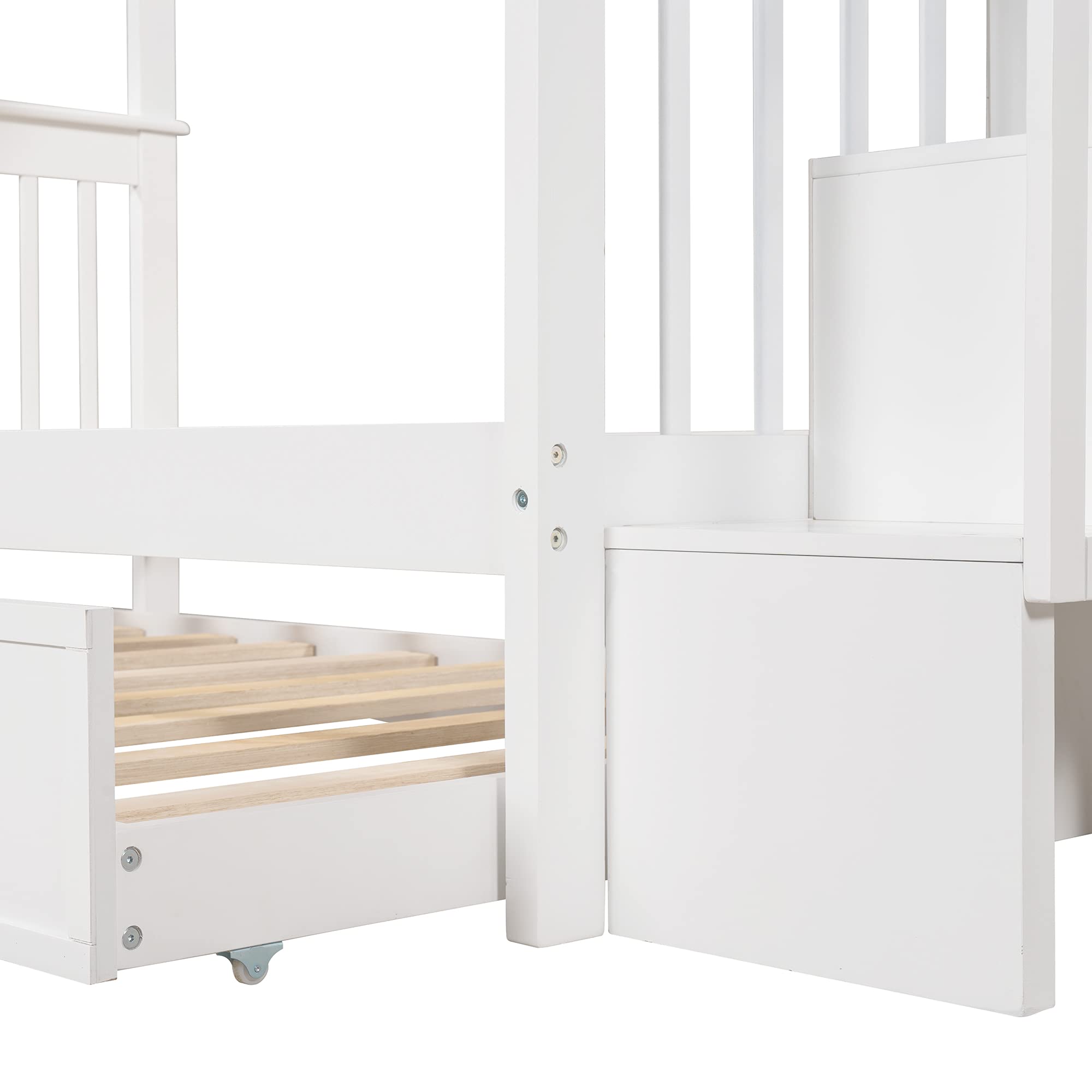 Harper & Bright Designs Twin Over Twin Bunk Bed with Trundle, Storage Shelf, Stairs & Guard Rail - Solid Wood Bunk Bed Frame for Kids, Teens & Adults - Perfect for Small Bedrooms, Guest Rooms & Vacation Homes (White)