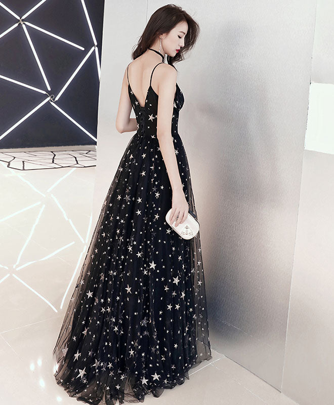 Elegant Black V-Neck Tulle Long Prom Dress | Formal Evening Gown for Women | Perfect for Homecoming, Ballroom Dances & Special Occasions
