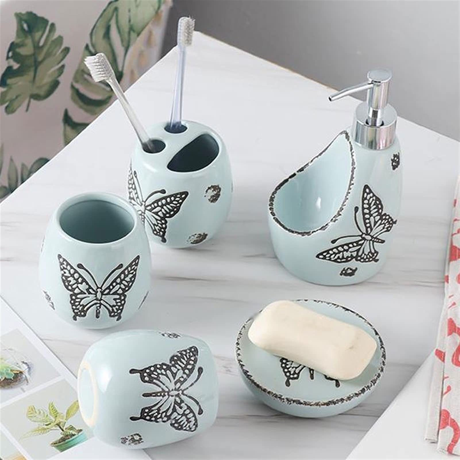 6-Piece Refillable Liquid Hand Soap Dispenser Set - Ceramic Soap Dispenser, Toothbrush Holder, Tumbler, Soap Dish & Tray | Bathroom Accessories for Hotel, Restroom & Home Decor | Perfect for Guest Bathrooms, Spa-Like Showers & Luxury Vanities
