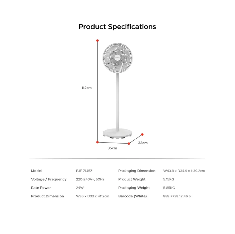 Europace EJF7145ZWH 14 Inch DC Motor Tatami Fan with Remote Control - Energy Efficient Cooling for Bedroom, Living Room & Office