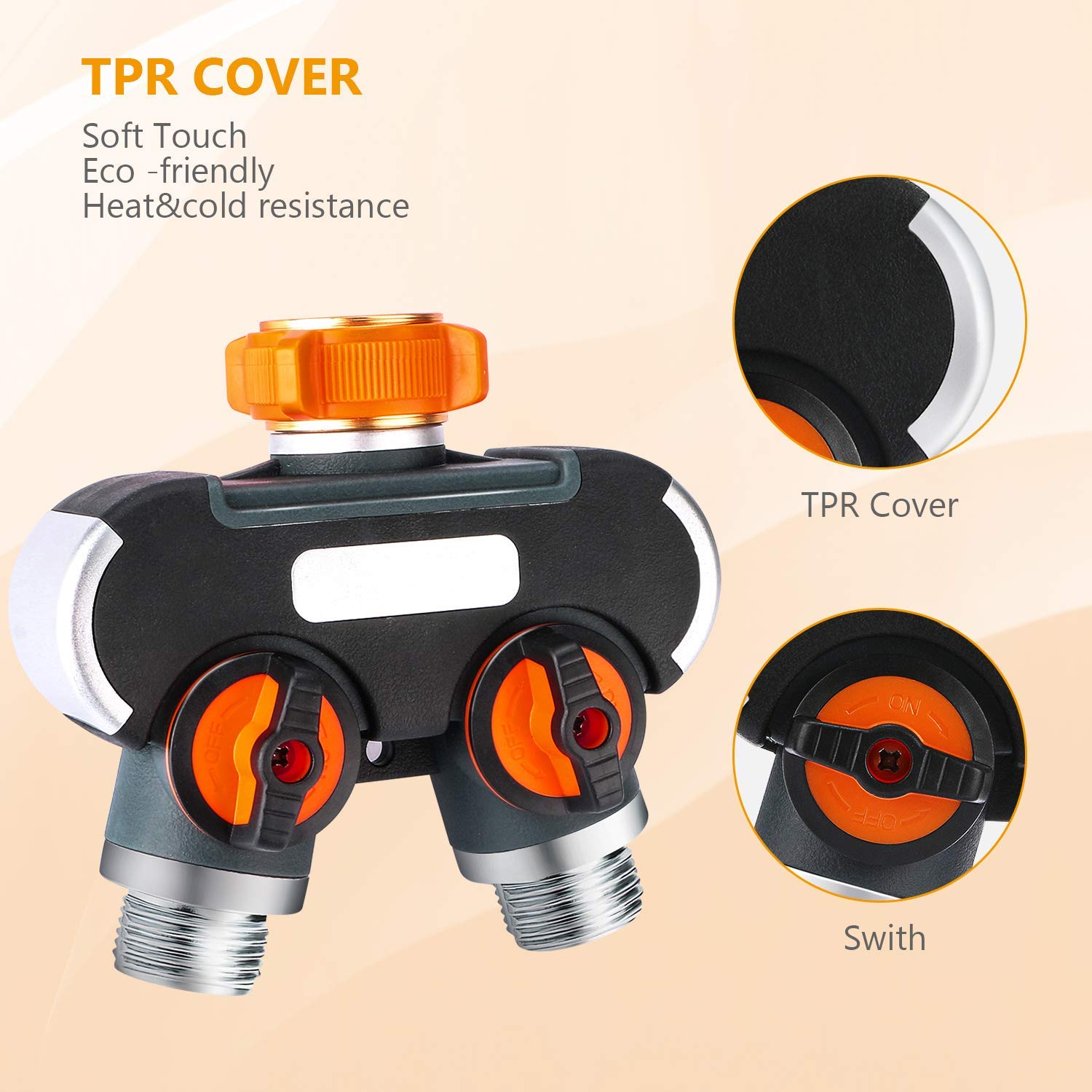 Lxcom 2-Way Garden Hose Splitter Adapter - Durable Y Connector with Comfortable Rubberized Grip & 4 Rubber Washers - Perfect for Lawn Watering, Car Washing & Outdoor Cleaning