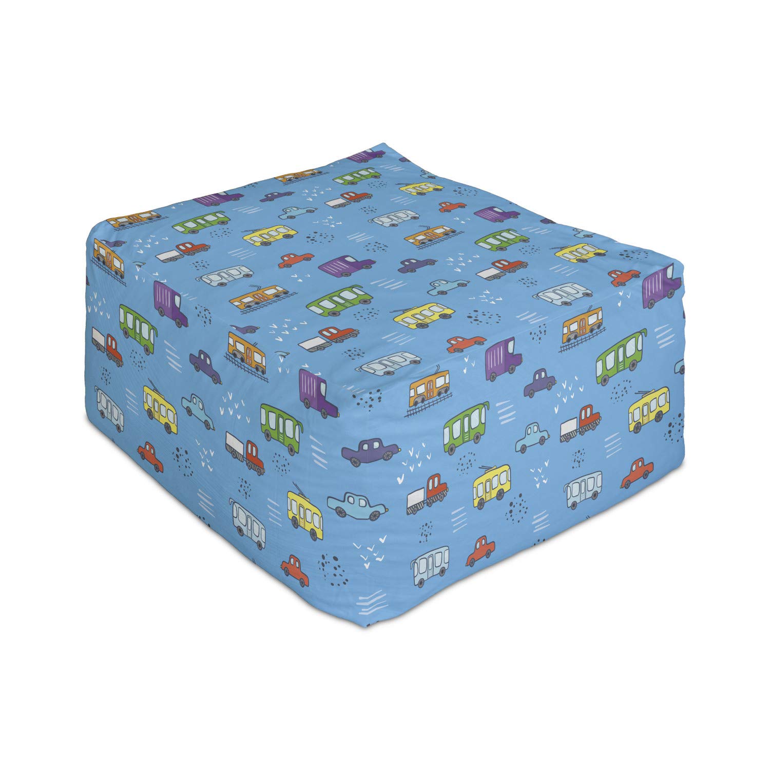 Ambesonne Transportation Themed Rectangle Pouf Ottoman - Colorful Cartoon Vehicles, Cars & Buses Print Foot Stool with Removable Cover, 25 Inch, Sky Blue Multicolor - Perfect for Living Room, Office & Under Desk Use