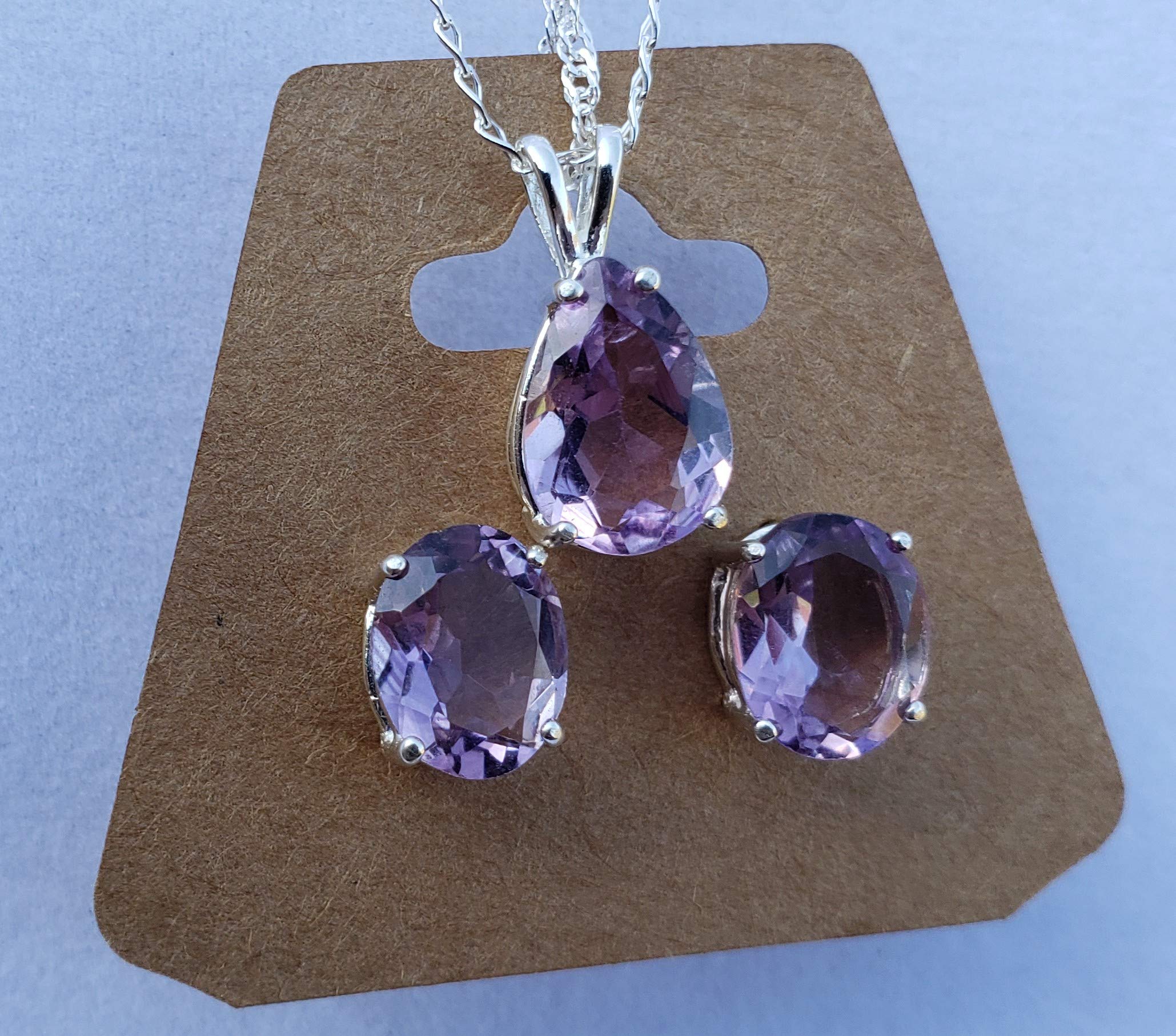 Natural Amethyst Sterling Silver Earrings & Necklace Set for Women - Elegant Purple Crystal Jewelry Gift for Birthday, Anniversary & Special Occasions