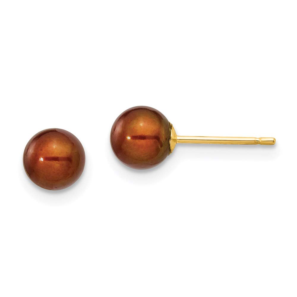 14K Yellow Gold Coffee Round Freshwater Cultured Pearl Stud Earrings (5-6mm) - Elegant Pearl Jewelry for Women, Perfect for Weddings, Parties & Daily Wear