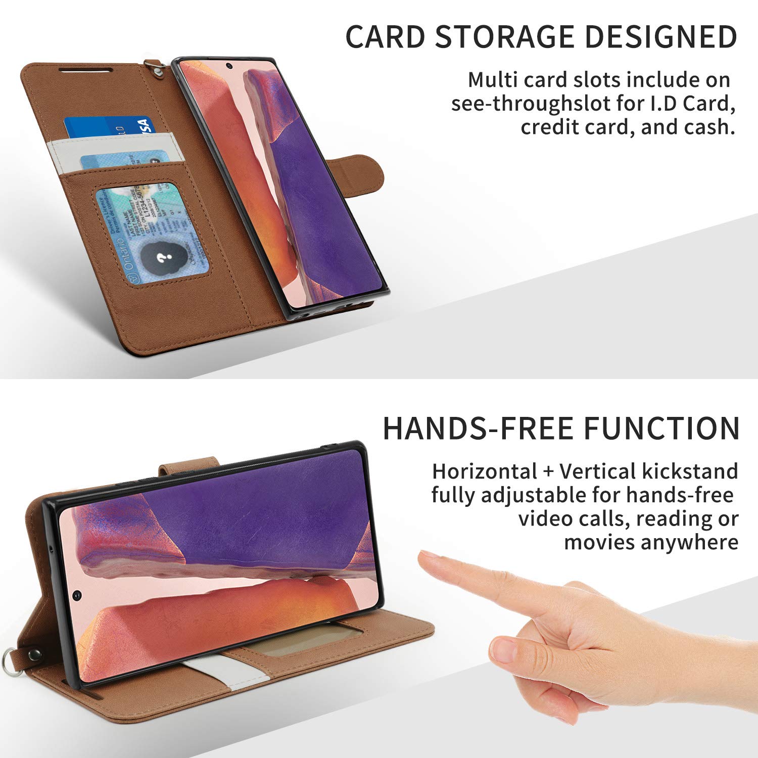 Samsung Galaxy Note 20 Case - PU Leather Wallet Phone Cover with Card Holder & Wrist Strap | Shockproof Protective Case for Note 20 5G (Brown) | Perfect for Business Travel & Daily Use