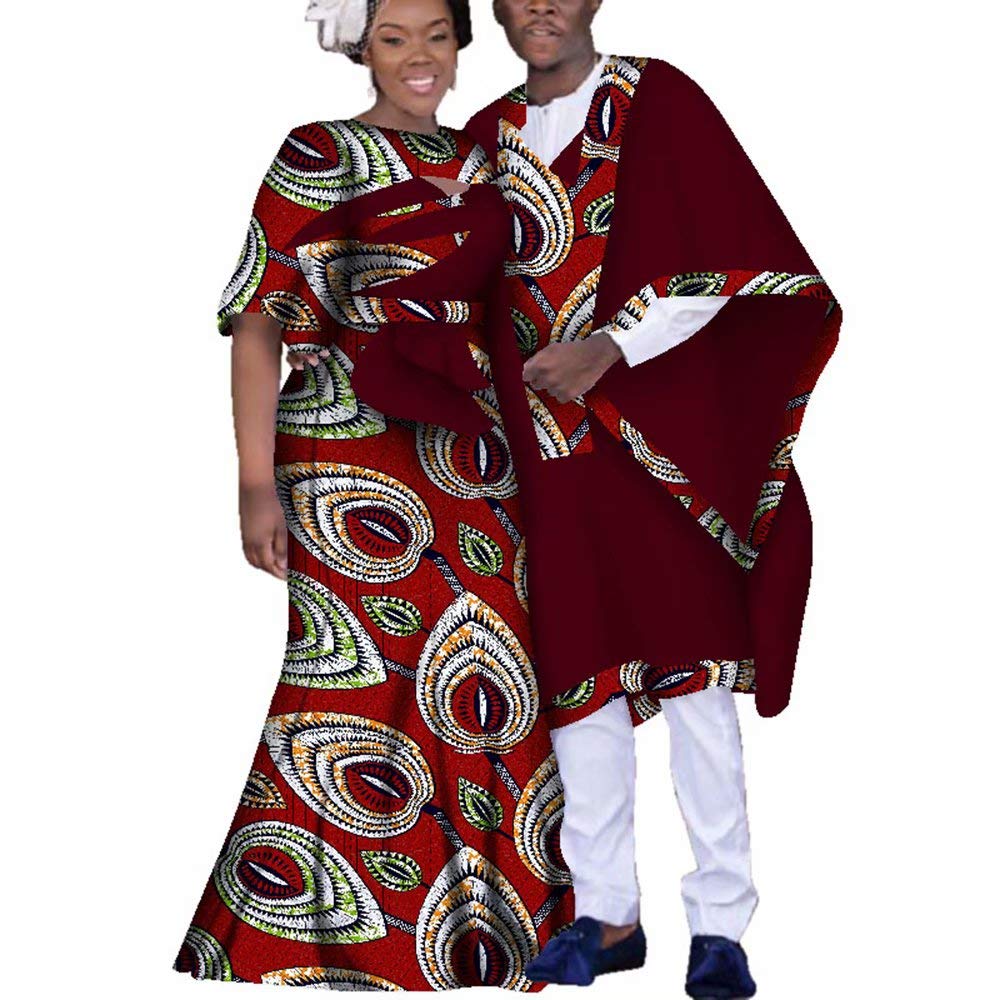 African Print Men's Colorful Robe & Women's Maxi Dress - Matching Couple Outfits with Open Sleeves for Weddings, Beach Vacations & Cultural Events