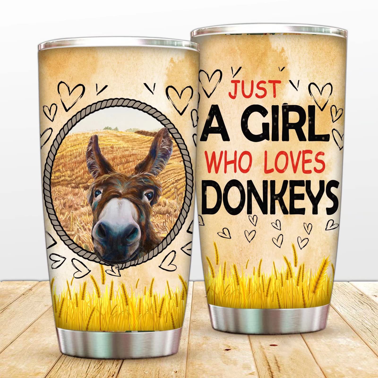 Just A Girl Who Loves Donkeys Tumbler Cup - 20oz Insulated Travel Mug with Lid & Straws - Vintage Farmhouse Design - Keeps Drinks Hot/Cold for Hours - Perfect for Coffee, Tea, Iced Beverages - Great for Office, Travel, Camping & Outdoor Activities