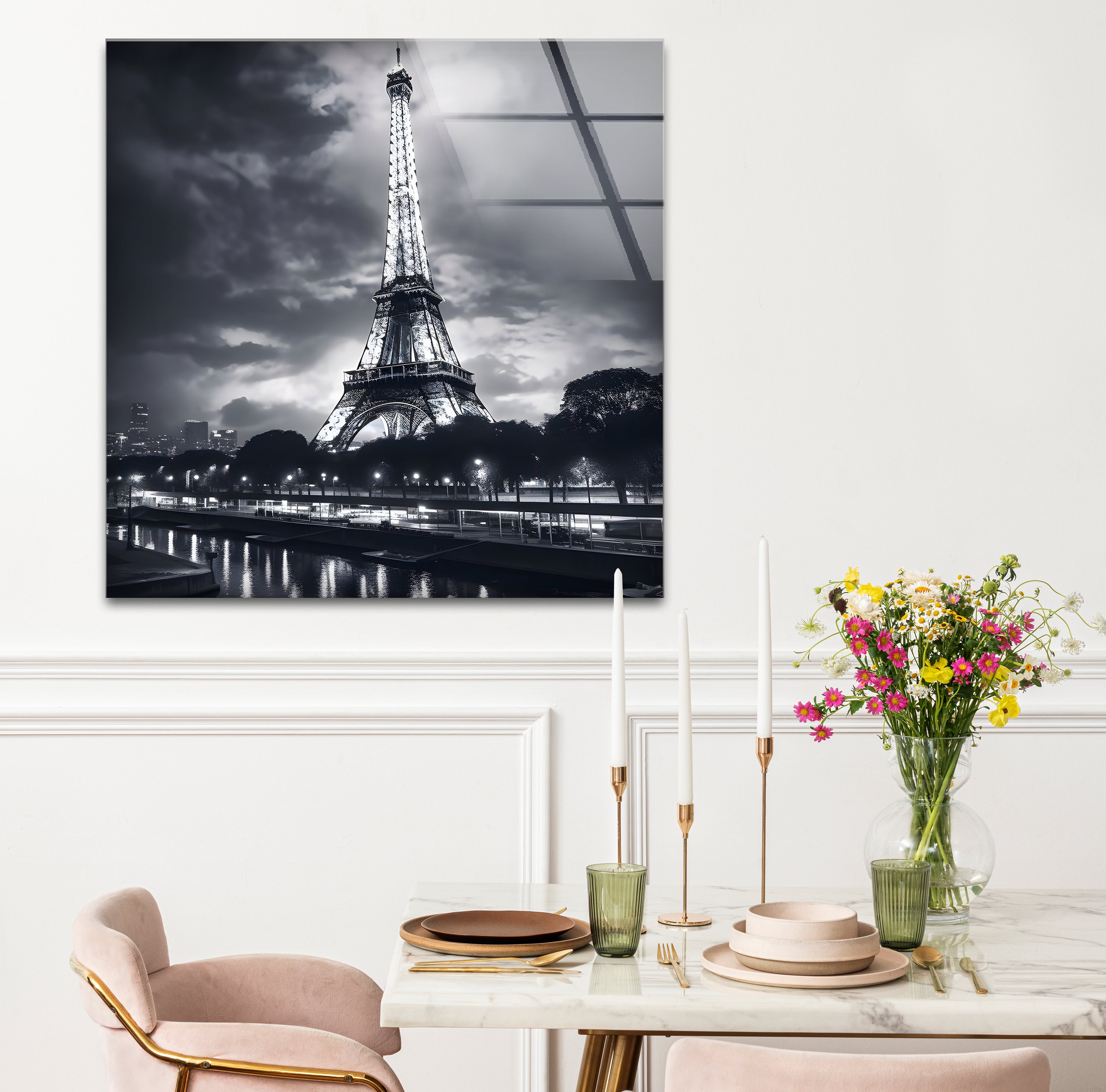 Black & White Paris Eiffel Tower Landscape Glass Wall Art - Elegant Home Decor for Living Room, Bedroom & Office