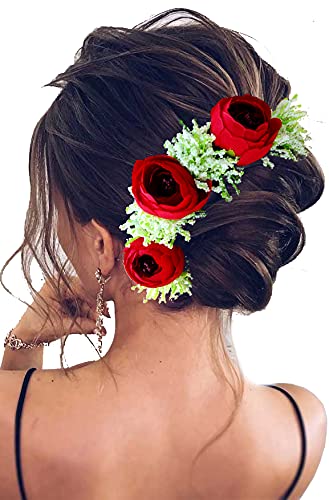 Artificial Rose & Lavender Flower Hair Vine - Bridal Wedding Hair Accessories, Hair Pins, Juda Pins for Women (Red) - Perfect for Weddings, Proms & Special Occasions