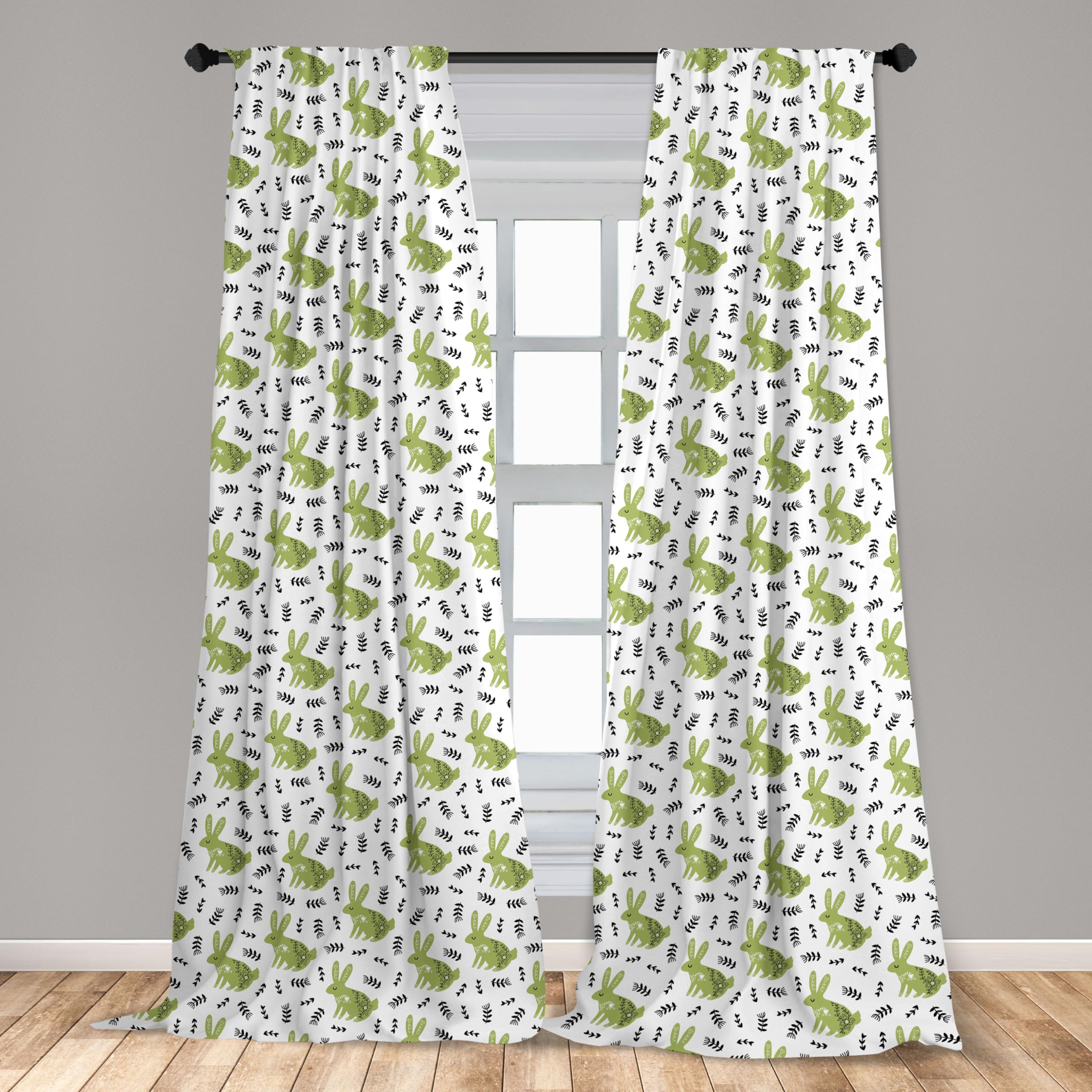 Ambesonne Rabbit Window Curtains - Scandinavian Floral Bunny Design with Leafy Stems, Lightweight Black & Pistachio Green 2-Panel Set (28