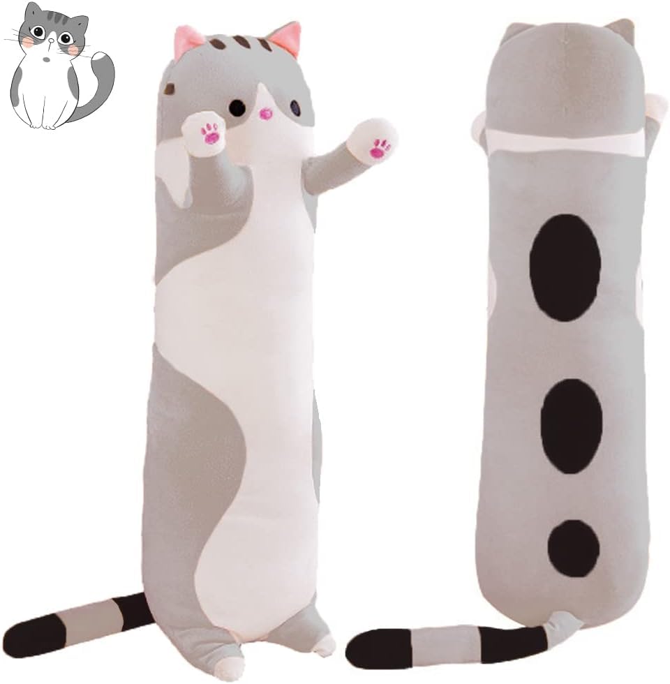 Soft Long Cat Plush Pillow - Grey Cotton Stuffed Animal Body Pillow (50CM) for Kids & Adults | Perfect for Sleeping, Cuddling, and Home Decor Gift for Girlfriend