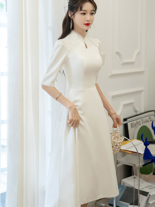 Elegant White Midi A-Line Cheongsam Wedding Dress for Bride - Perfect for Engagement Party, Bridal Shower & Traditional Chinese Ceremonies