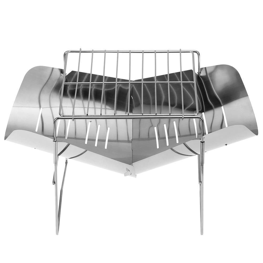 FMOGE 2-in-1 Portable Camping Stove & BBQ Grill - Stainless Steel Wood Burning Stove for Backpacking, Hiking, Picnics - Compact Folding Fire Pit for Outdoor Cooking and Campfire (Perfect for Camping Trips, Beach Parties & Backyard Gatherings)