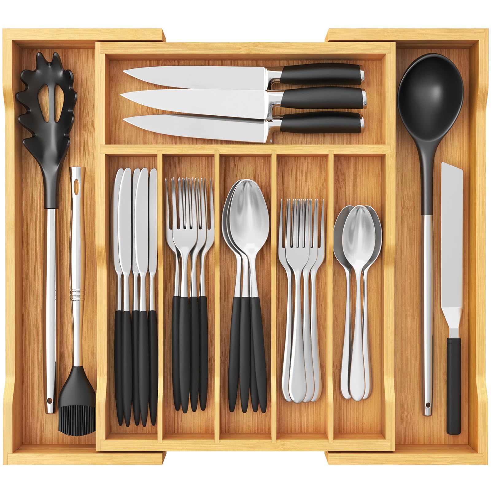 Expandable Bamboo Silverware Drawer Organizer - Adjustable Utensil Tray for Spoons, Forks & Knives - Natural Wood Kitchen Storage for Flatware & Cutlery | Perfect for Kitchen Organization, Dining Room Storage & Utensil Management