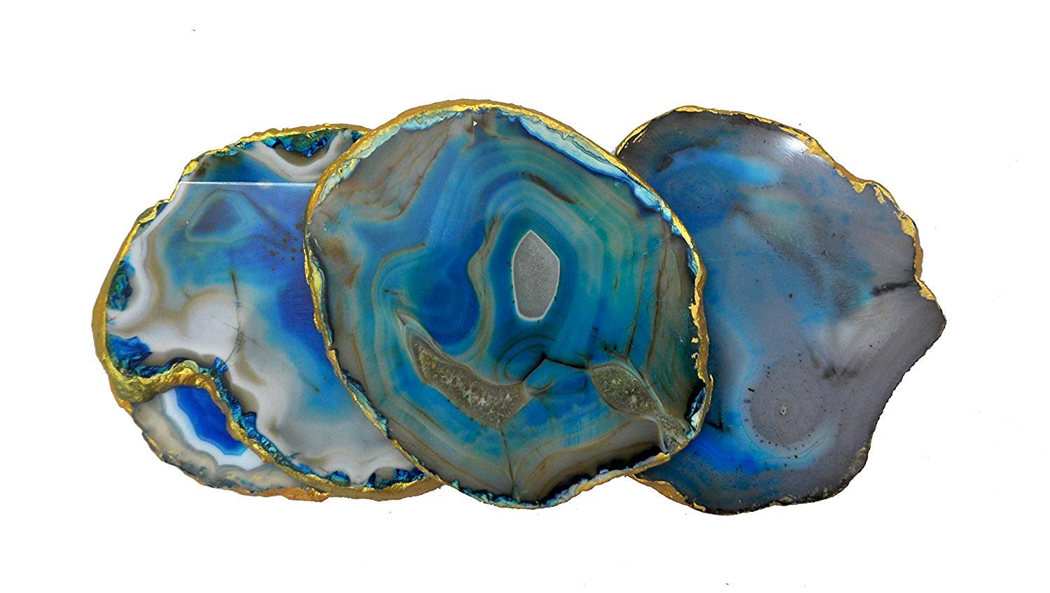 Premium Blue Agate Coasters Set of 4 with Gold Trim - Natural Stone Drink Coasters for Bar, Coffee, Tea & Home Decor - Elegant Tableware & Gift Idea for Housewarming, Wedding & Hostess Gifts