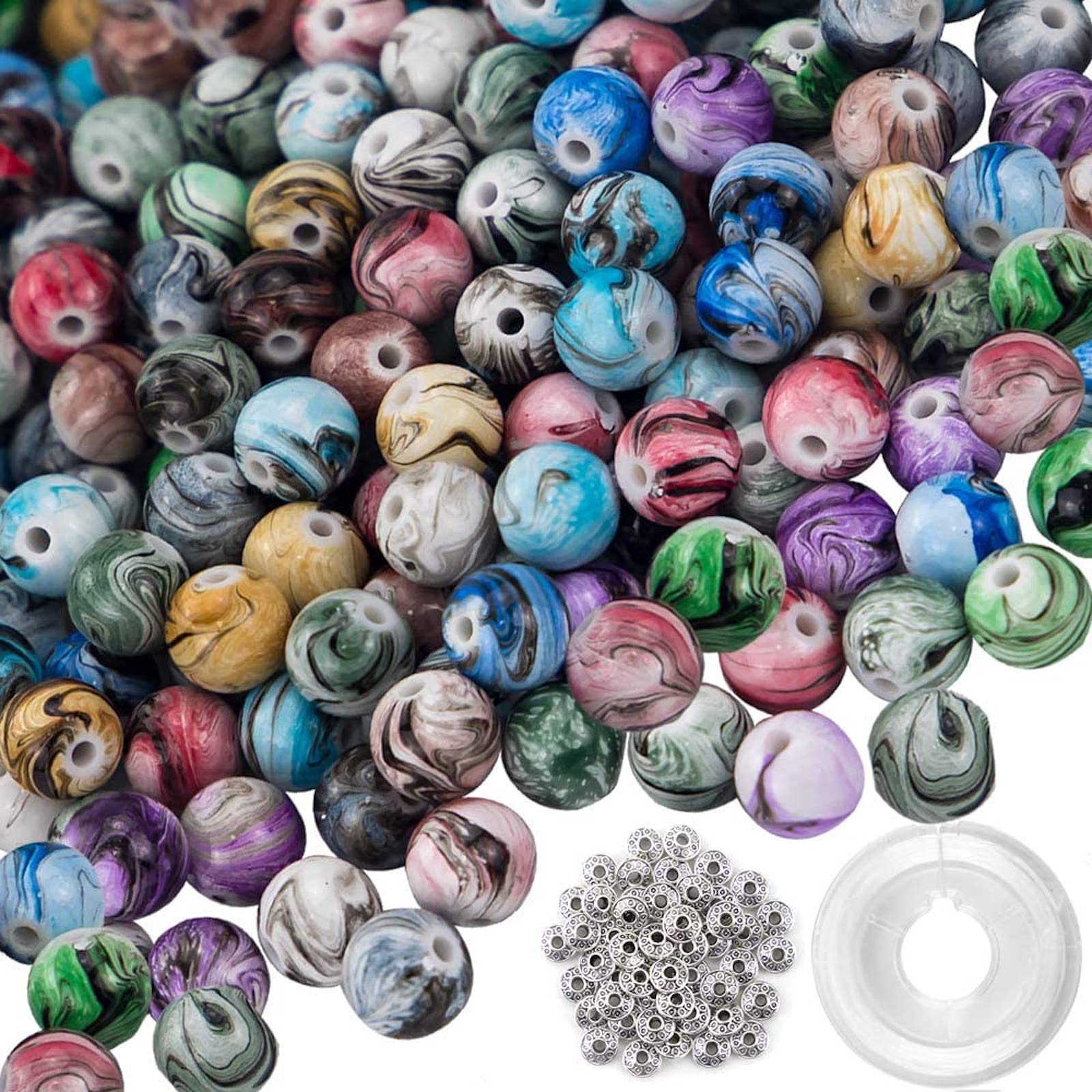 Quefe 500pcs Acrylic Craft Beads for Jewelry Making - 8mm Ink Pattern Space Beads with 50 Spacer Beads & Crystal String - DIY Bracelet Making Kit for Women, Teens - Perfect for Gifts, Parties & Creative Projects