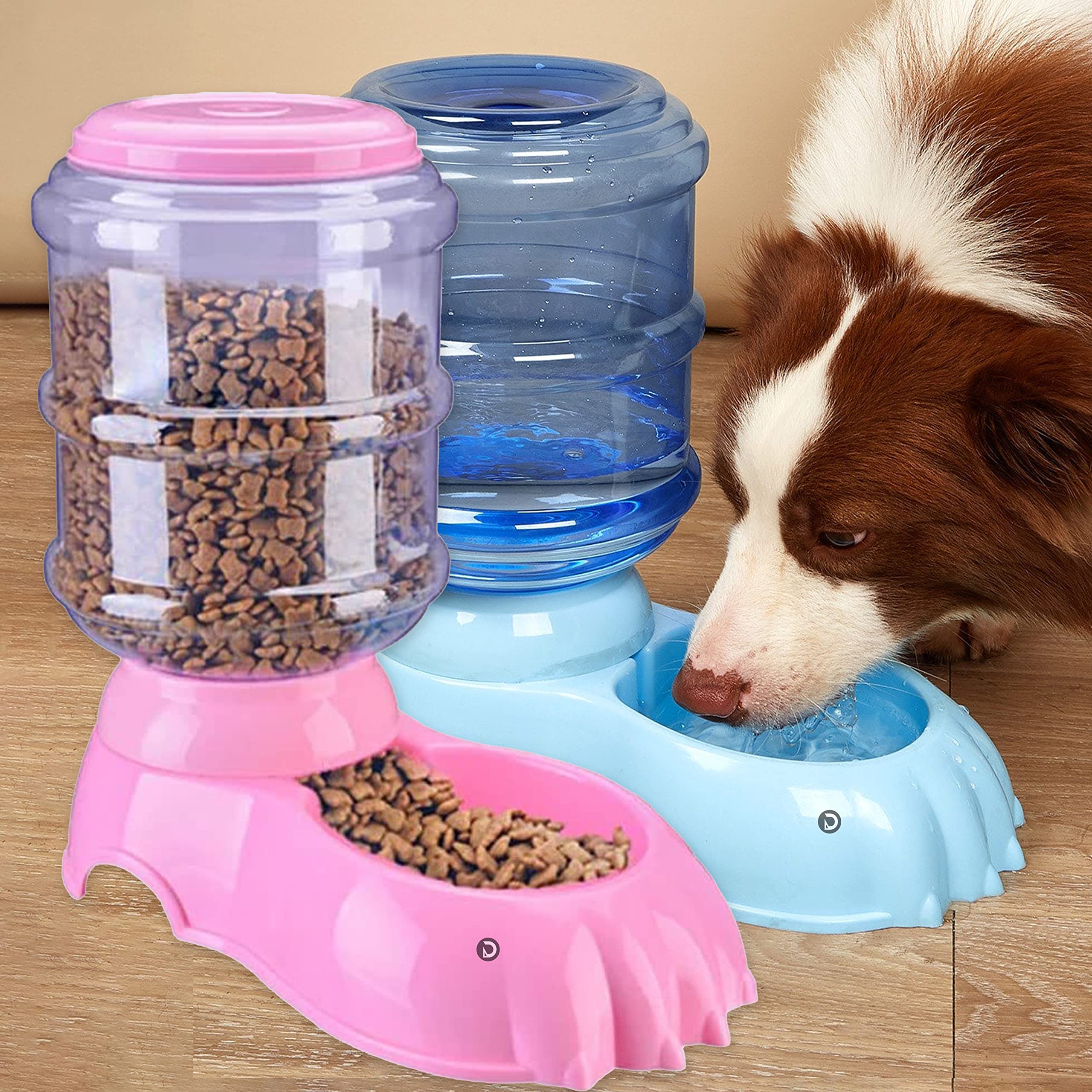 Automatic Pet Feeder & Water Dispenser Combo - DaKos Smart Food and Water Storage Bowl for Dogs, Cats, Pets (Blue Water Tank & Pink Food Container) - Perfect for Home, Office, Travel, and Daily Pet Care