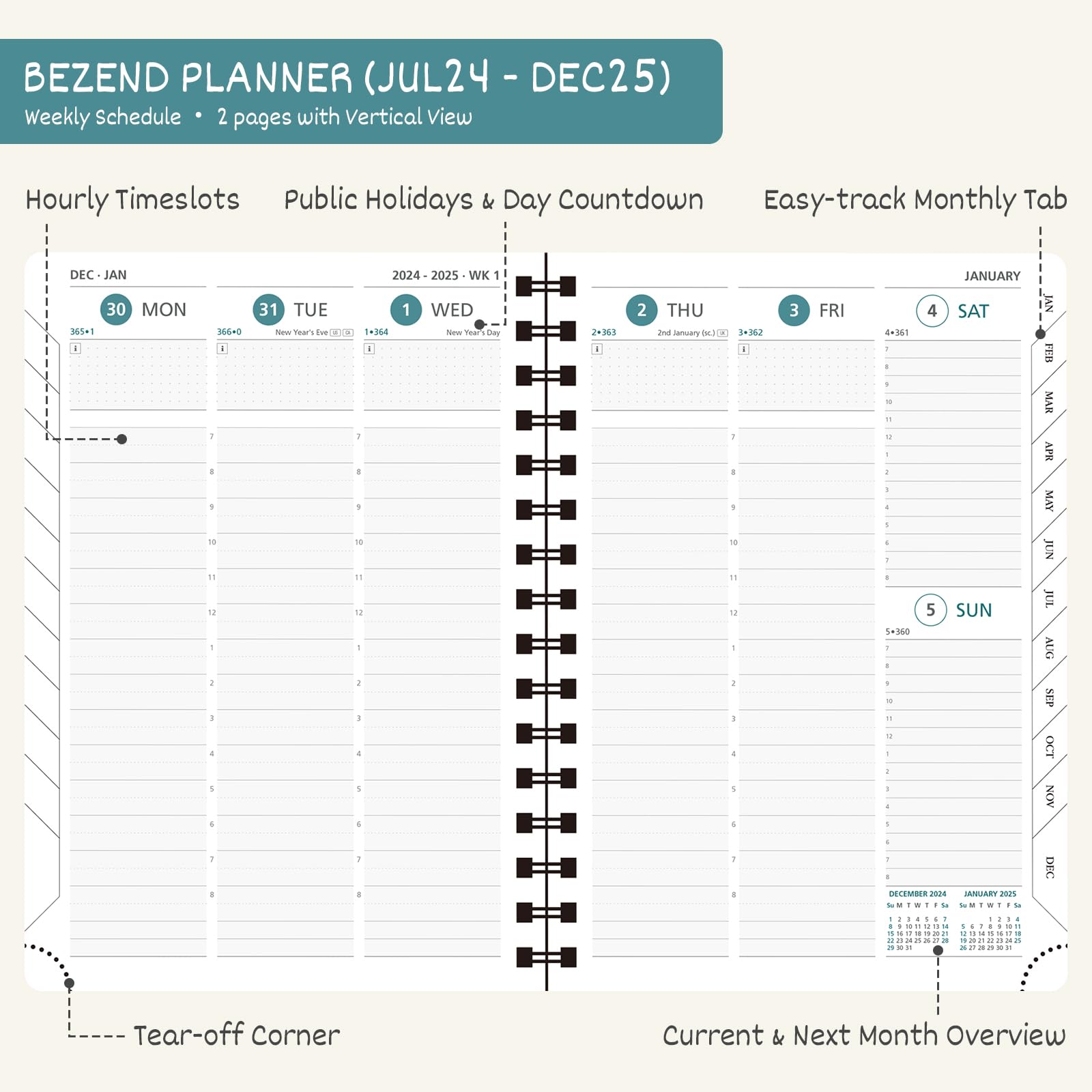 BEZEND 2025 Planner - 18 Month Academic Planner (July 2024-December 2025) with Daily, Weekly & Monthly Sections | 5.8