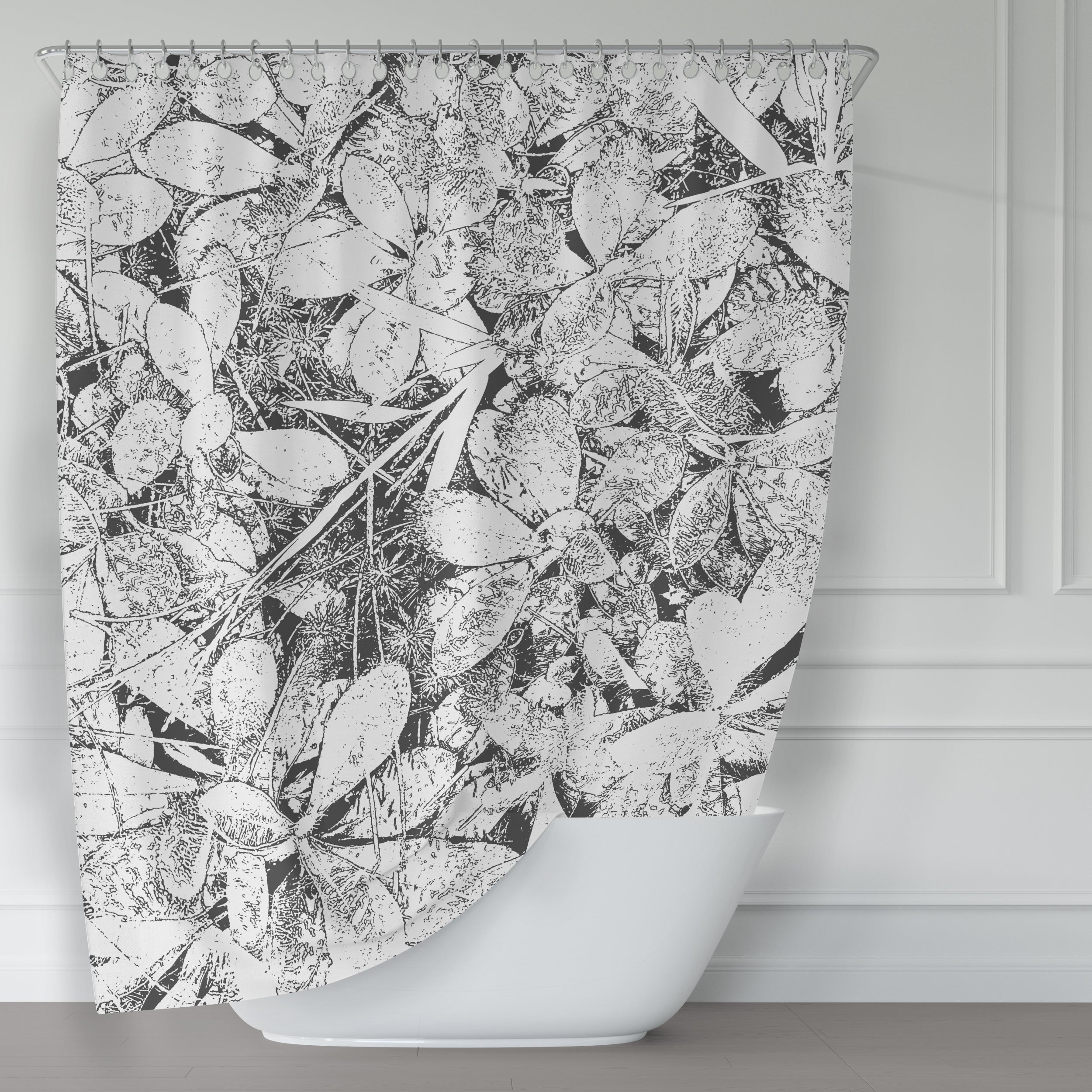 Woodland Carpet Black and White Leaves Shower Curtain - Large Scale Contemporary Photo Art Bathroom Decor for Modern & Nature-Inspired Homes