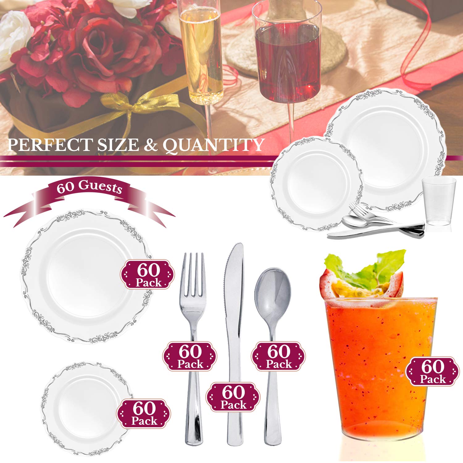 Elegant Disposable Plastic Plates for Parties & Weddings - 60-Piece White with Silver Dinnerware Set - Perfect for Events, Catering & Outdoor Dining