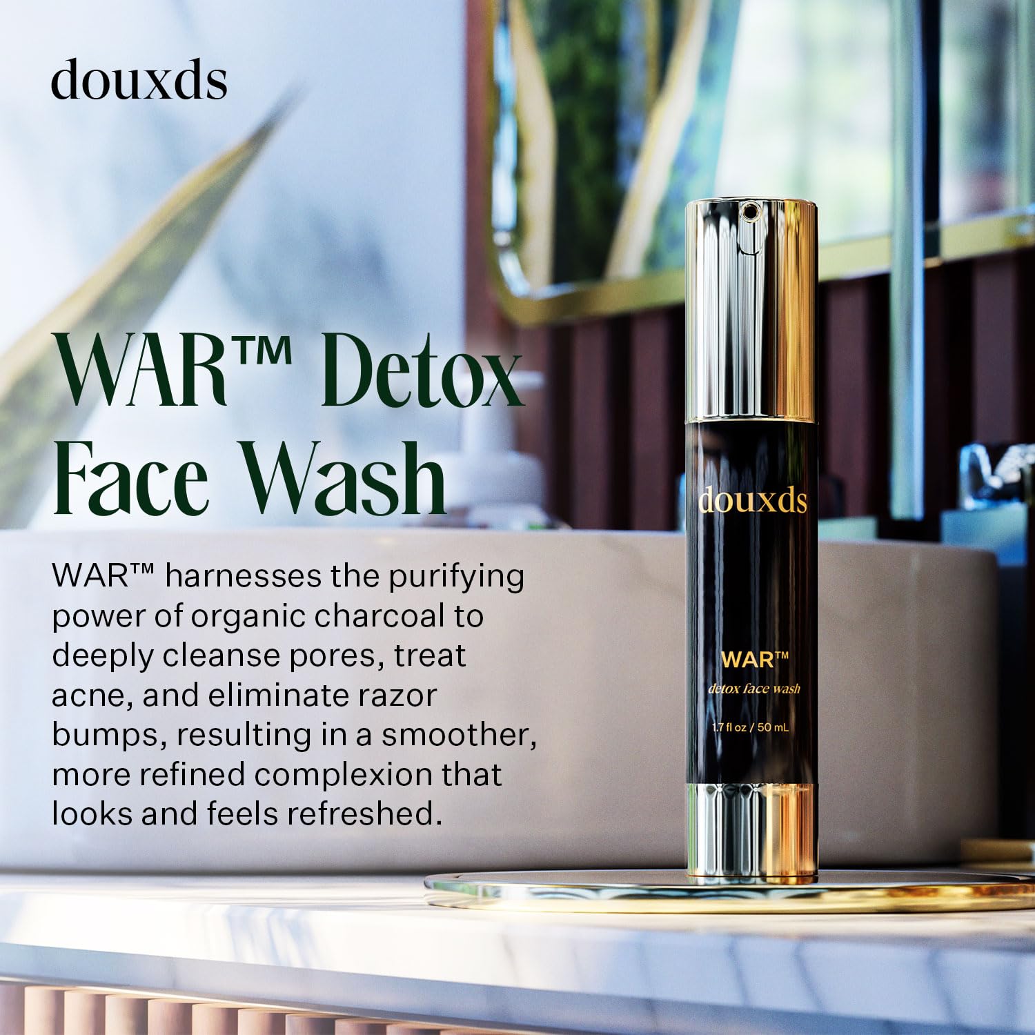 Douxds WAR™ Detox & Pore Cleansing Face Wash with Aloe Vera & Charcoal - Natural Acne Treatment for Men, Ingrown Hair Prevention, 50ml - Perfect for Daily Skincare & Post-Shave Routine