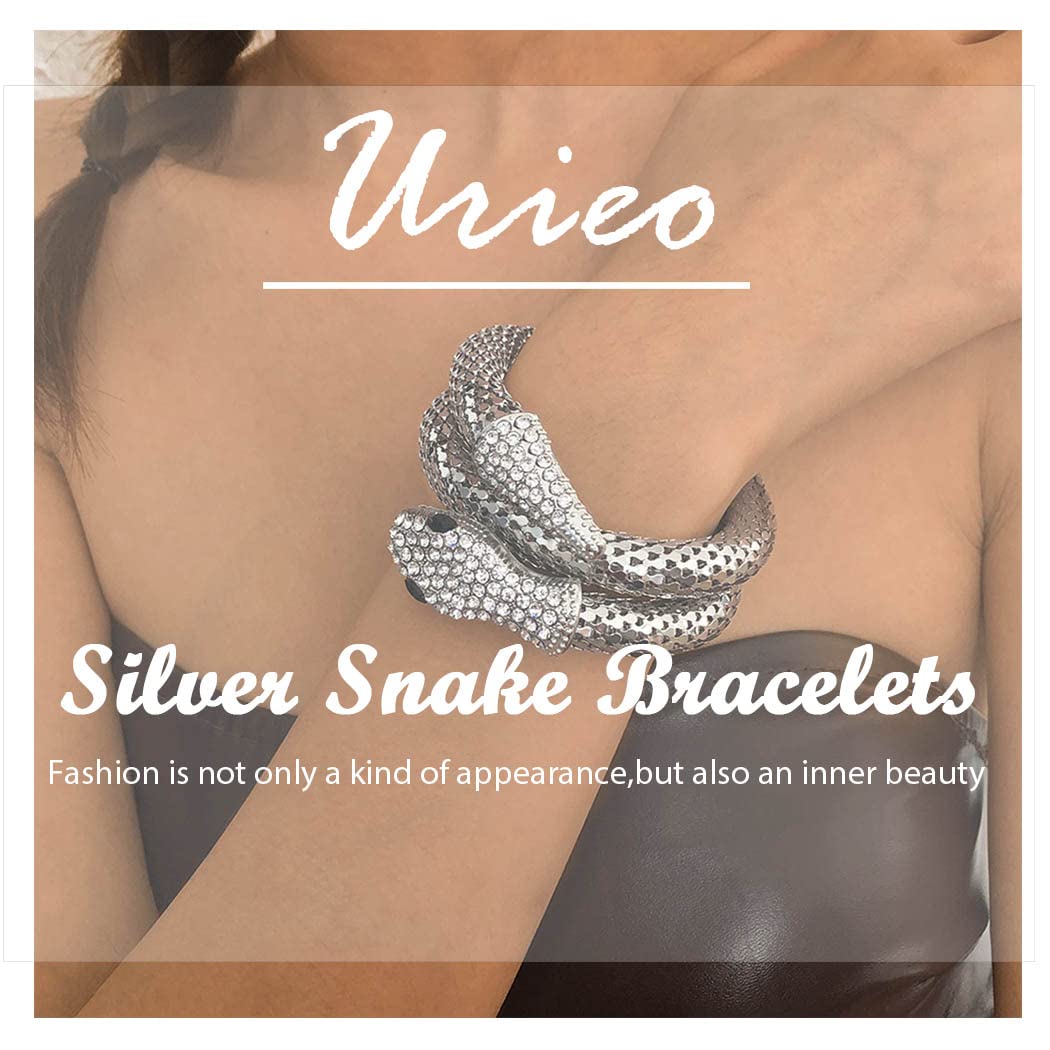 Urieo Punk Snake Bracelet for Women - Silver Crystal Stretch Bracelet with Curved Rhinestones | Gothic Jewelry for Parties, Concerts & Night Out