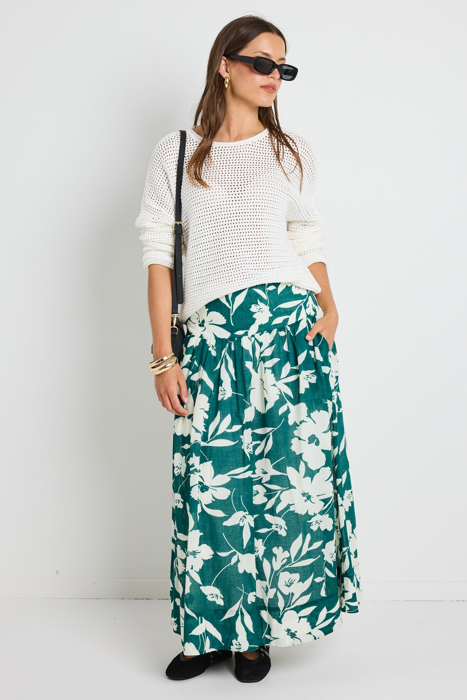 Affinity Forest Floral Print Shirred Back Tiered Maxi Skirt for Women - Boho Summer Beach Dress, Wedding Guest Outfit & Vacation Wear