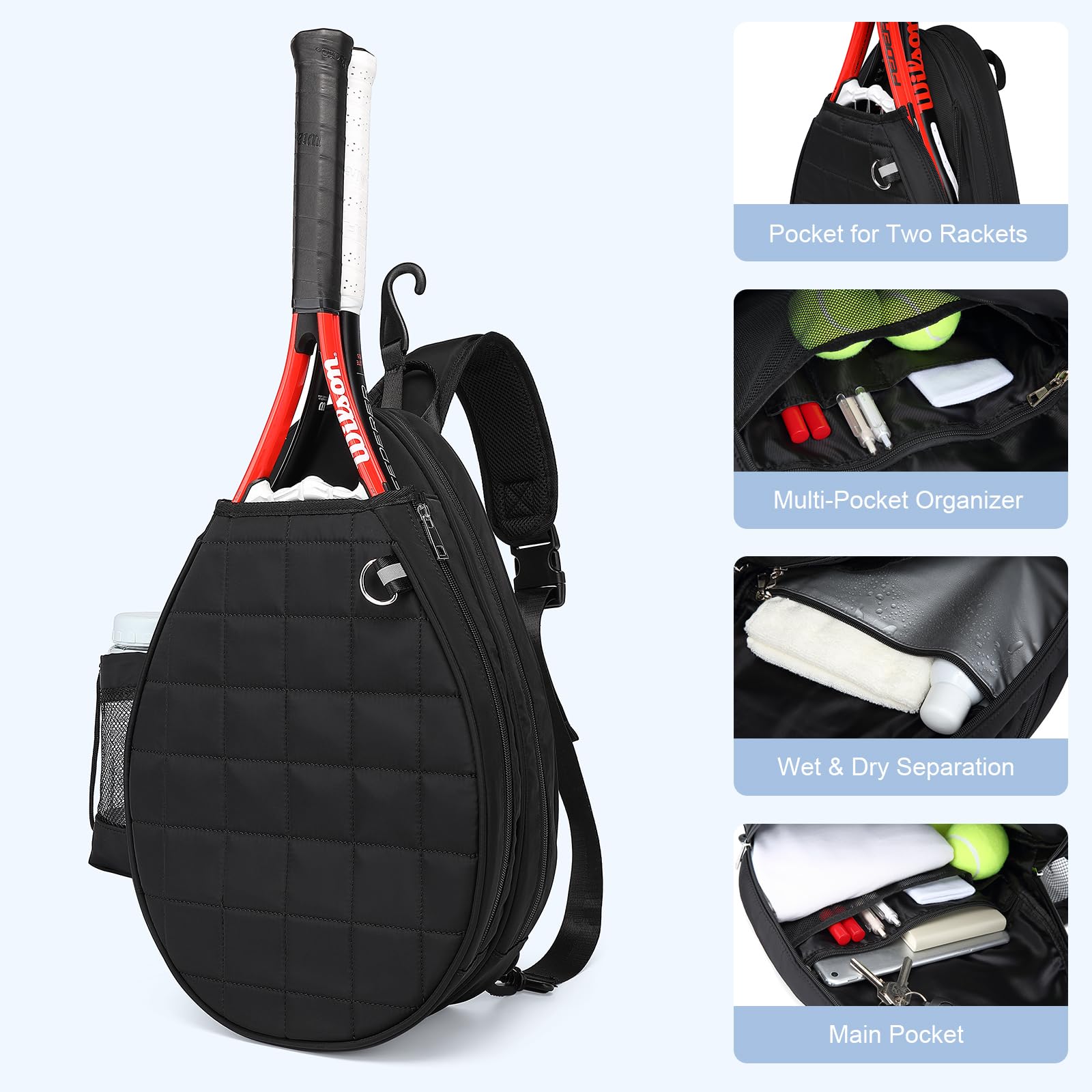 Premium Tennis Backpack for Women & Men - Holds 2 Rackets, Waterproof Pickleball Bag with Quilted Design & Safety Pocket - Ideal for Tennis, Pickleball & Gym Use
