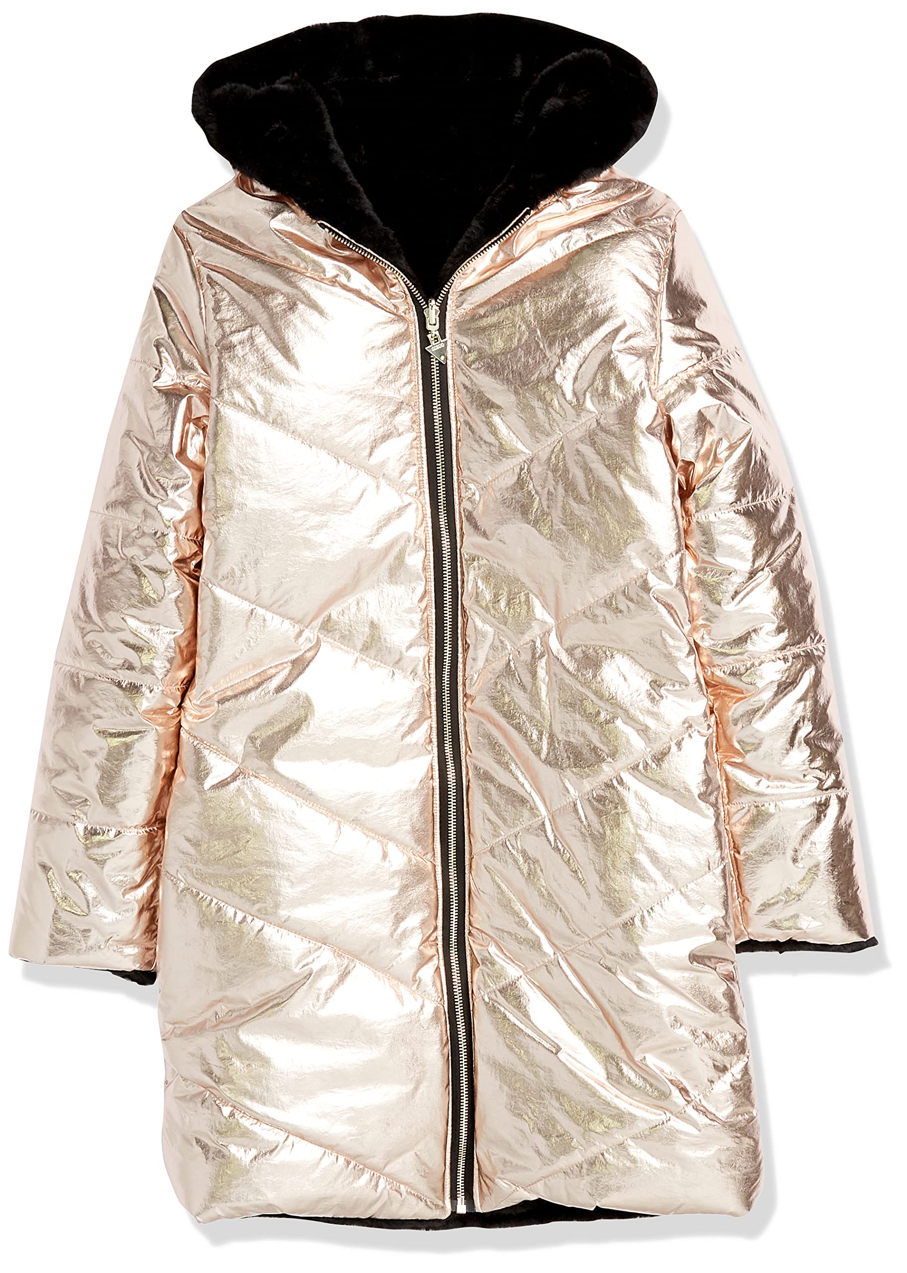 GUESS Girls' Reversible Metallic Nylon & Faux Fur Puffer Jacket - Winter Coat for Teens, Waterproof Windbreaker for Outdoor Activities, School & Casual Wear