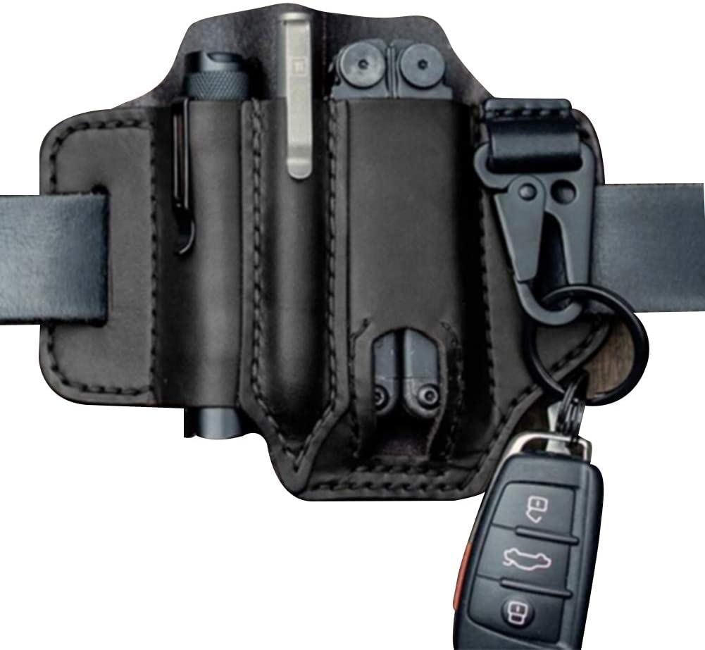 Premium Leather Multitool Sheath & EDC Belt Organizer for Men - Pen Holder, Key Fob, Flashlight Sheath - Perfect for Outdoor Adventures, Camping, Hiking & Everyday Carry (EDC)
