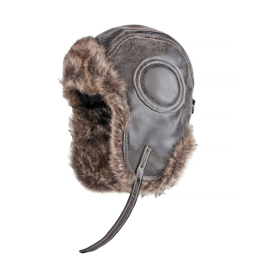 Men's Leather Pilot Hat with Faux Fur Earflaps - Warm Winter Hunting Cap for Outdoor Activities (Brown, 55-60cm) - Perfect for Skiing, Snowboarding & Cold Weather Adventures