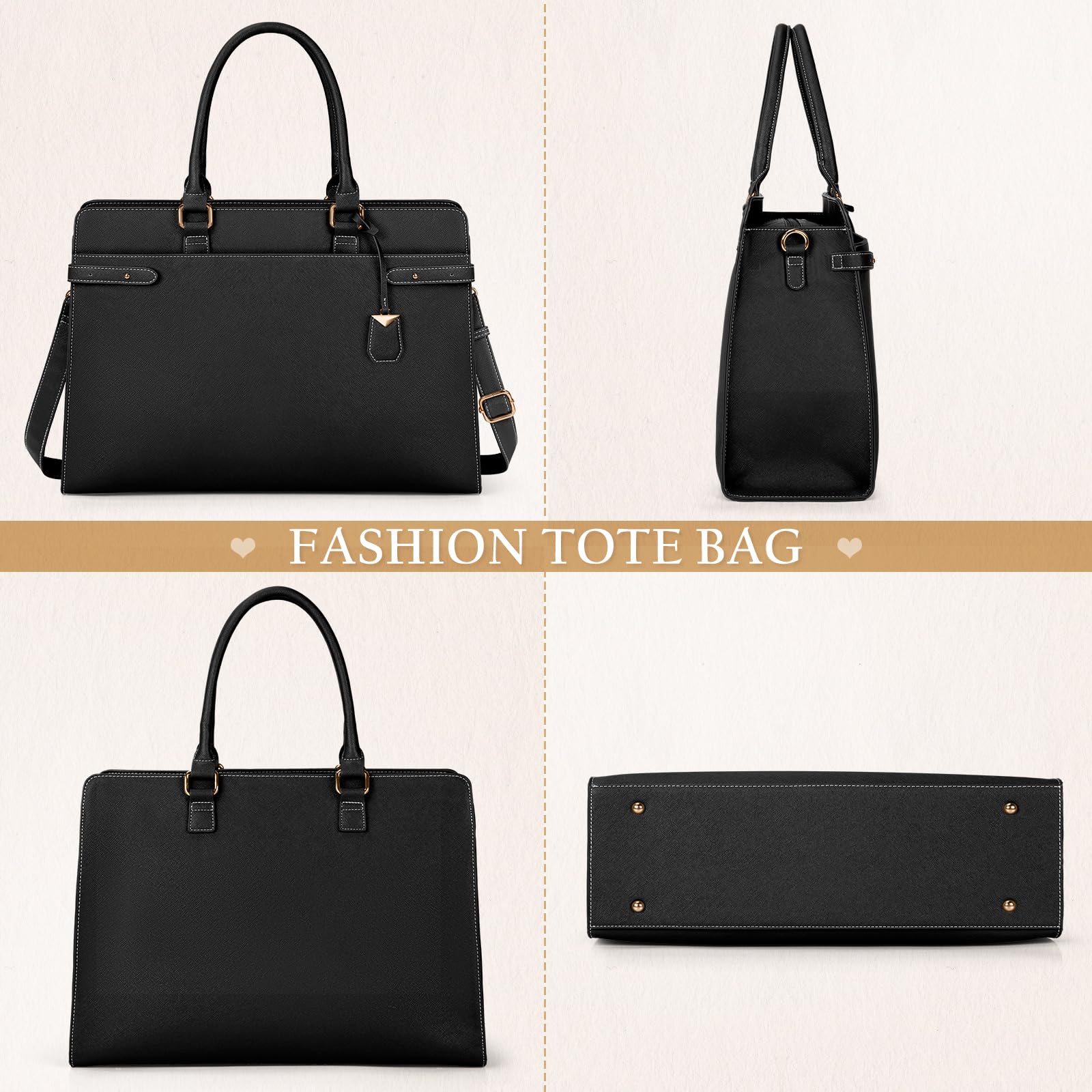 IGOLUMON 15.6 Inch Leather Laptop Bag for Women - Waterproof Professional Work Tote Bag with Large Capacity, Shoulder Briefcase Handbag (Black) - Perfect for Business Travel, Office Commute & Daily Use