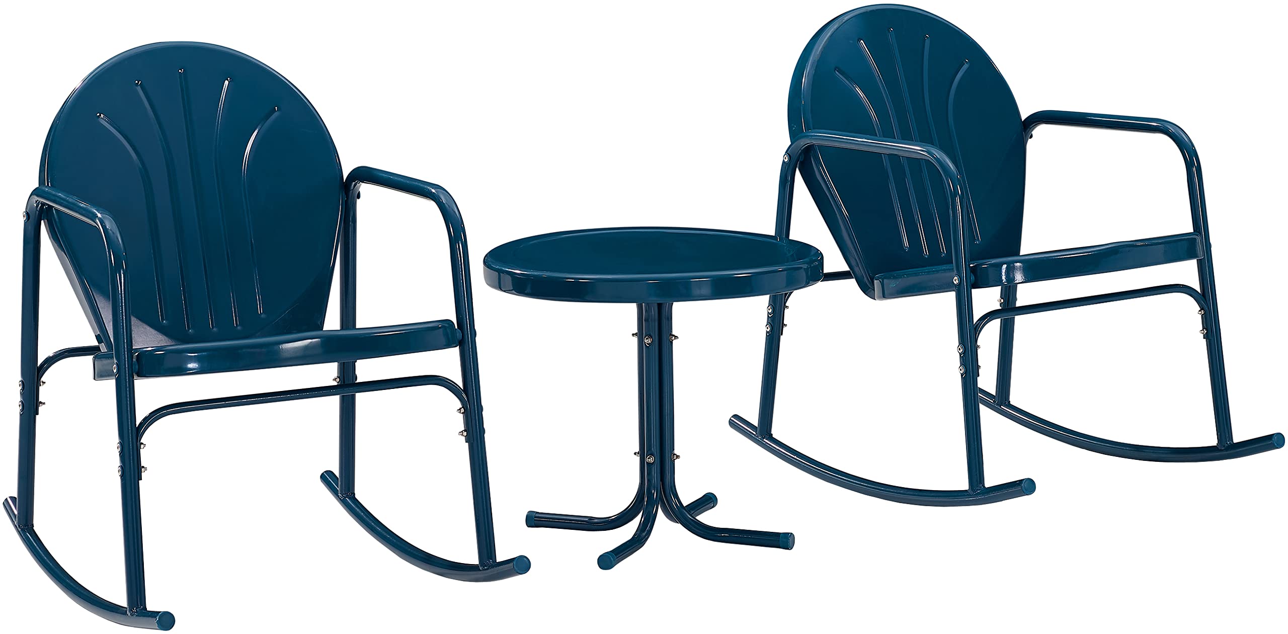 Crosley Furniture Griffith 3-Piece Outdoor Rocking Chair and Side Table Set - Retro Metal Bistro Patio Set in Navy Gloss - Perfect for Porch, Garden, Backyard & Outdoor Relaxation