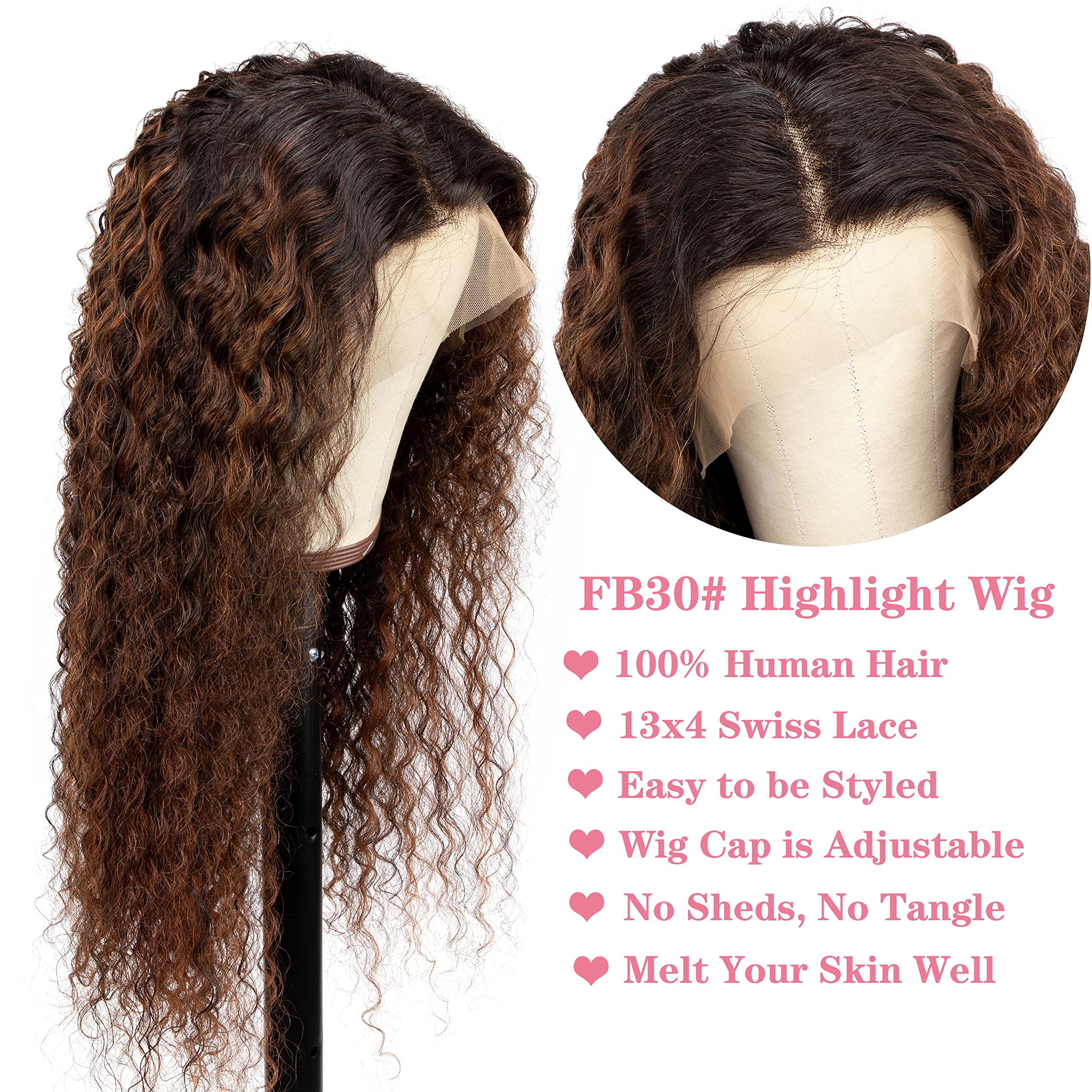 13x4 Deep Wave Lace Front Wig 180% Density Human Hair - Ombre FB30 Highlighted Curly Lace Wig with Baby Hair (22 Inch) for Women's Daily Wear, Parties & Special Occasions