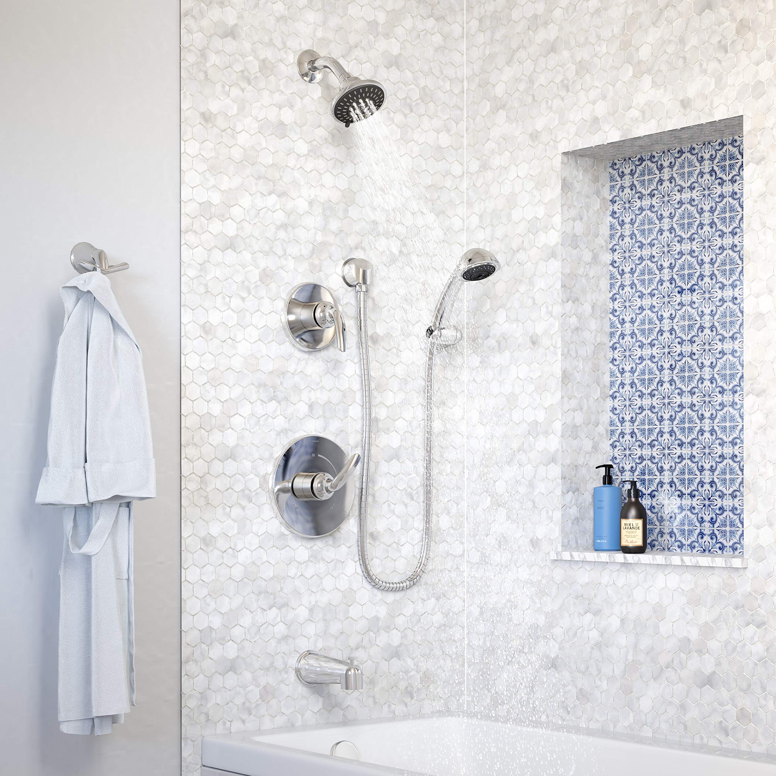 Symmons 5506-1.5-TRM Elm 2-Handle Tub and Shower Faucet Trim with 5-Spray Showerhead & 3-Spray Hand Shower in Polished Chrome (Valves Sold Separately) - Perfect for Bathroom Renovation and Luxury Spa Experience