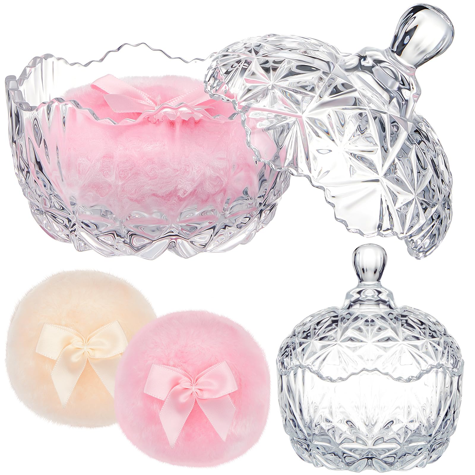 Tioncy 3-Piece Large Velour Powder Puff Set with Crystal Container - Soft, Washable & Reusable for Face & Body Makeup (Clear) - Perfect for Wet/Dry Application & Glitter Makeup