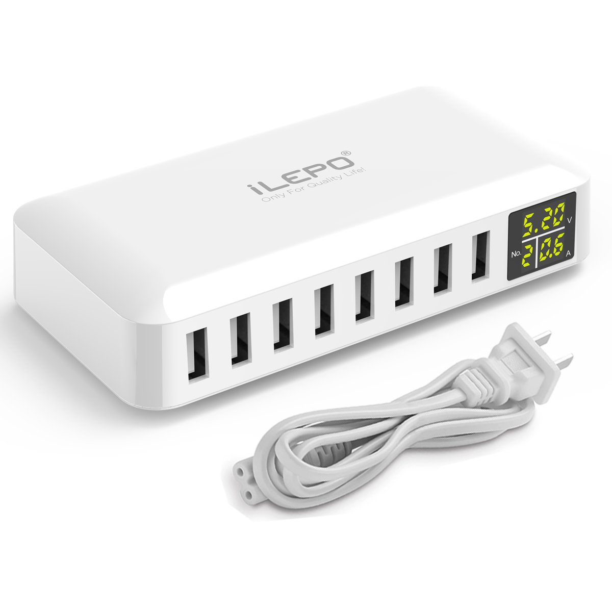 iLepo 8-Port USB Charging Station with LED Display - Fast Desktop Wall Charger for Multiple Devices (Laptops, Tablets, Phones) | Perfect for Home, Office & Travel Use